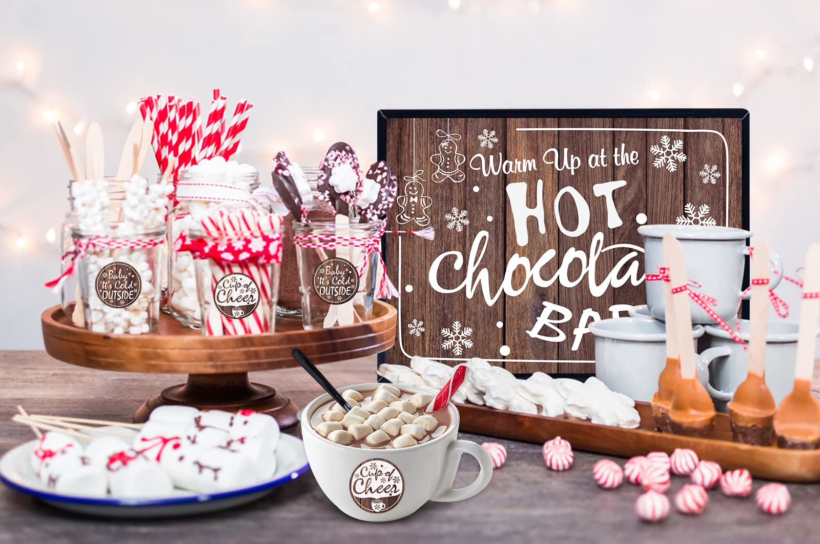 Facraft Hot Chocolate Bar Kit Sign Board With Stand,Labels Tags,Table Cards,Coffee Bar Accessories For Christmas Party New Year'