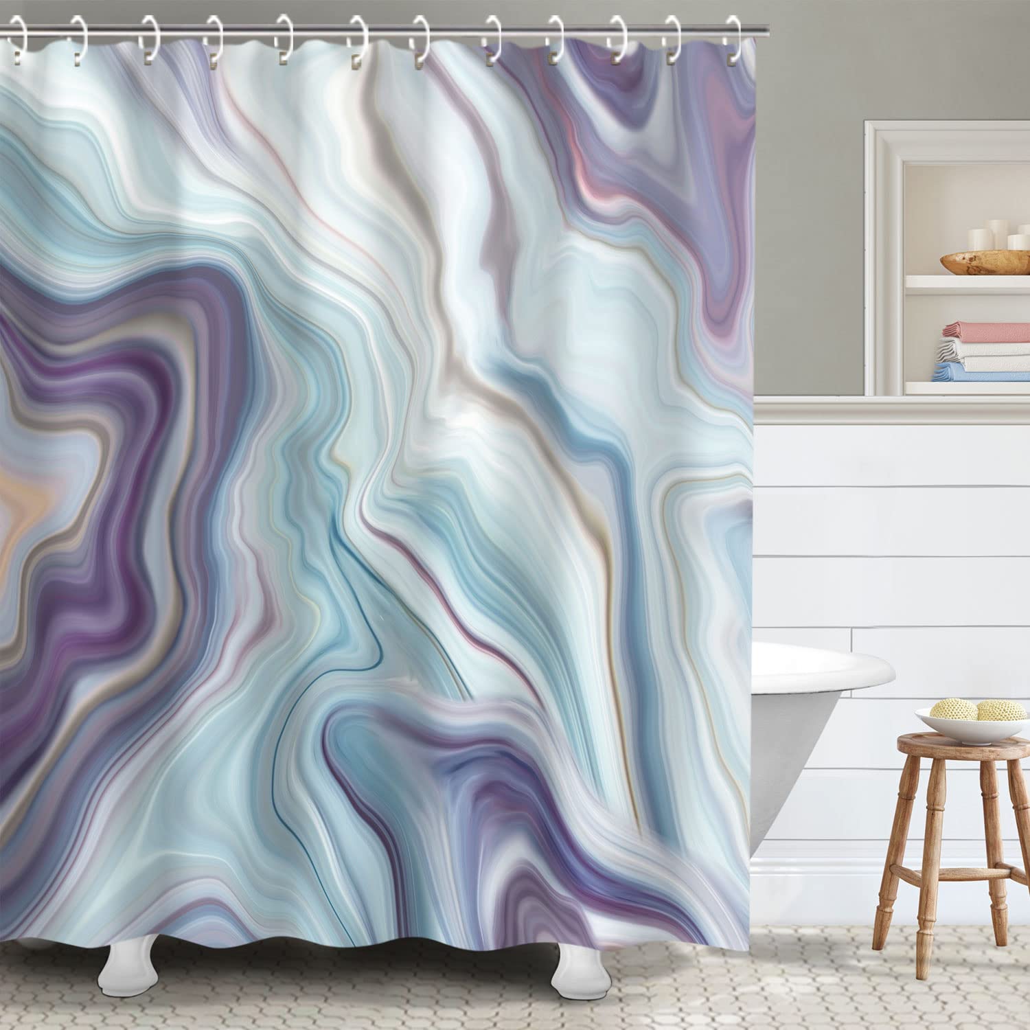 Rosielily Purple Shower Curtain, Marble Shower Curtain, Blue Shower Curtains For Bathroom, Abstract Shower Curtain Set With 12 H