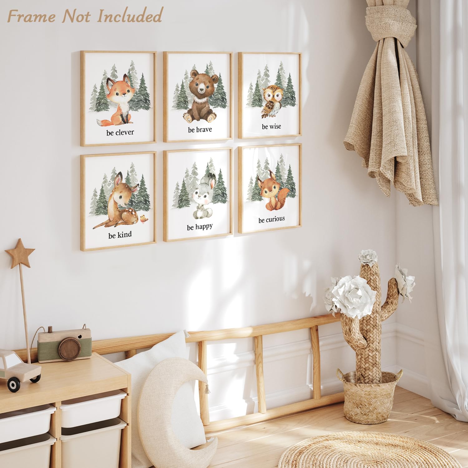 Dazzlewall 6 Pcs Nursery Animal Wall Art Poster Forest Deer Bear Fox Prints, Motivational Quotes Poster For For Baby Kids Room D