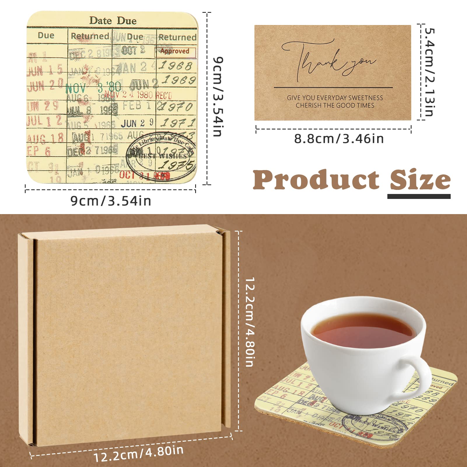Vintage Library Due Date Card Coaster Set, 4Pcs Library Card Coasters With Gift Card, Creative Drink Coffee Mug Coaster Literary