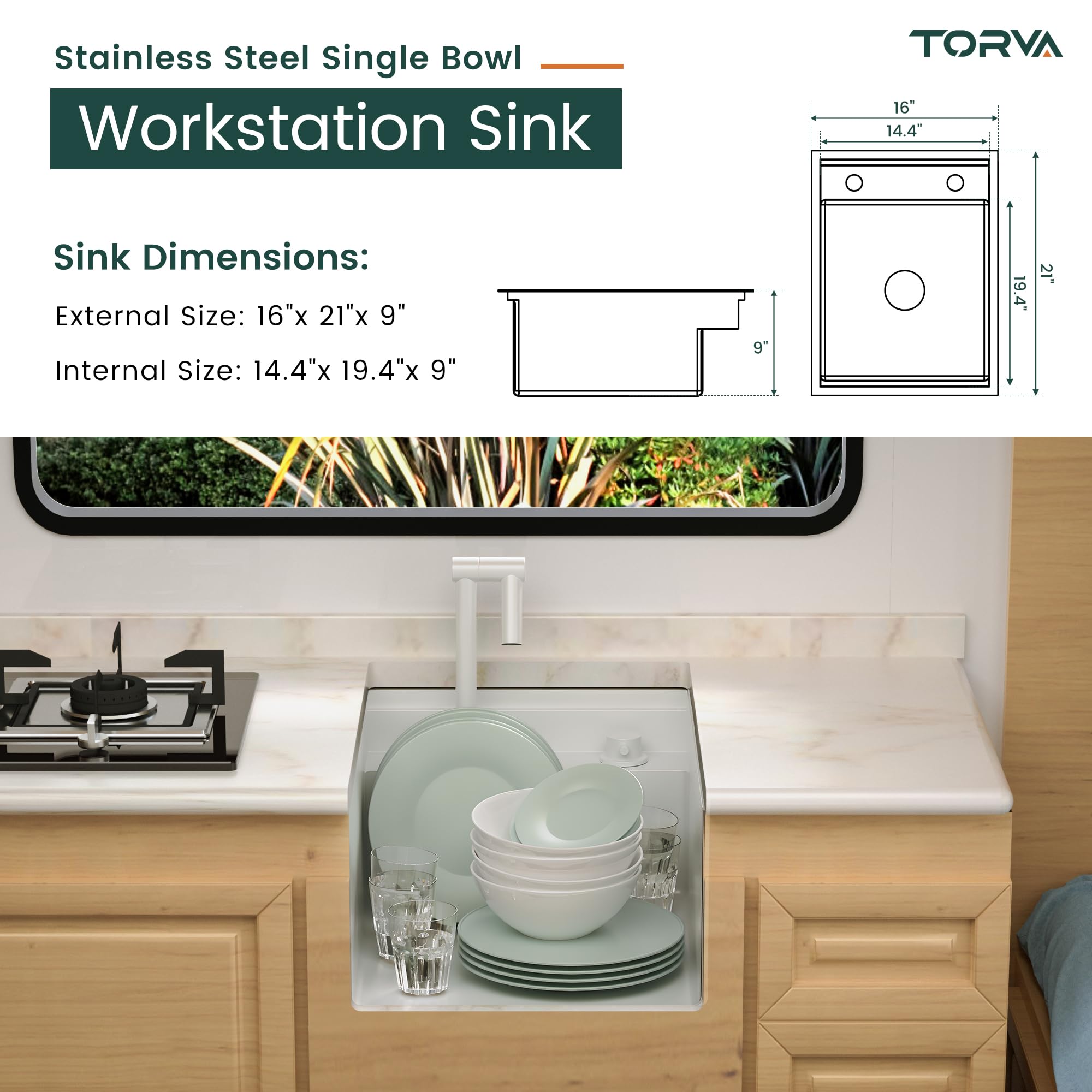 Torva Rv Kitchen Sink, 16 X 21 X 9 Inch Undermount Bar Sink 16 Gauge Stainless Steel Single Bowl Sink With Foldable Faucet Cutti