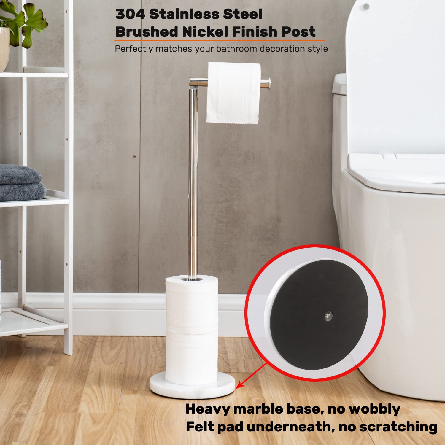 Toilet Paper Holder Stand ?2022 Upgraded? -Free Standing Toilet Paper Holder with Heavy Marble Base and Brushed Nickel SUS304 Stainless Steel Pole