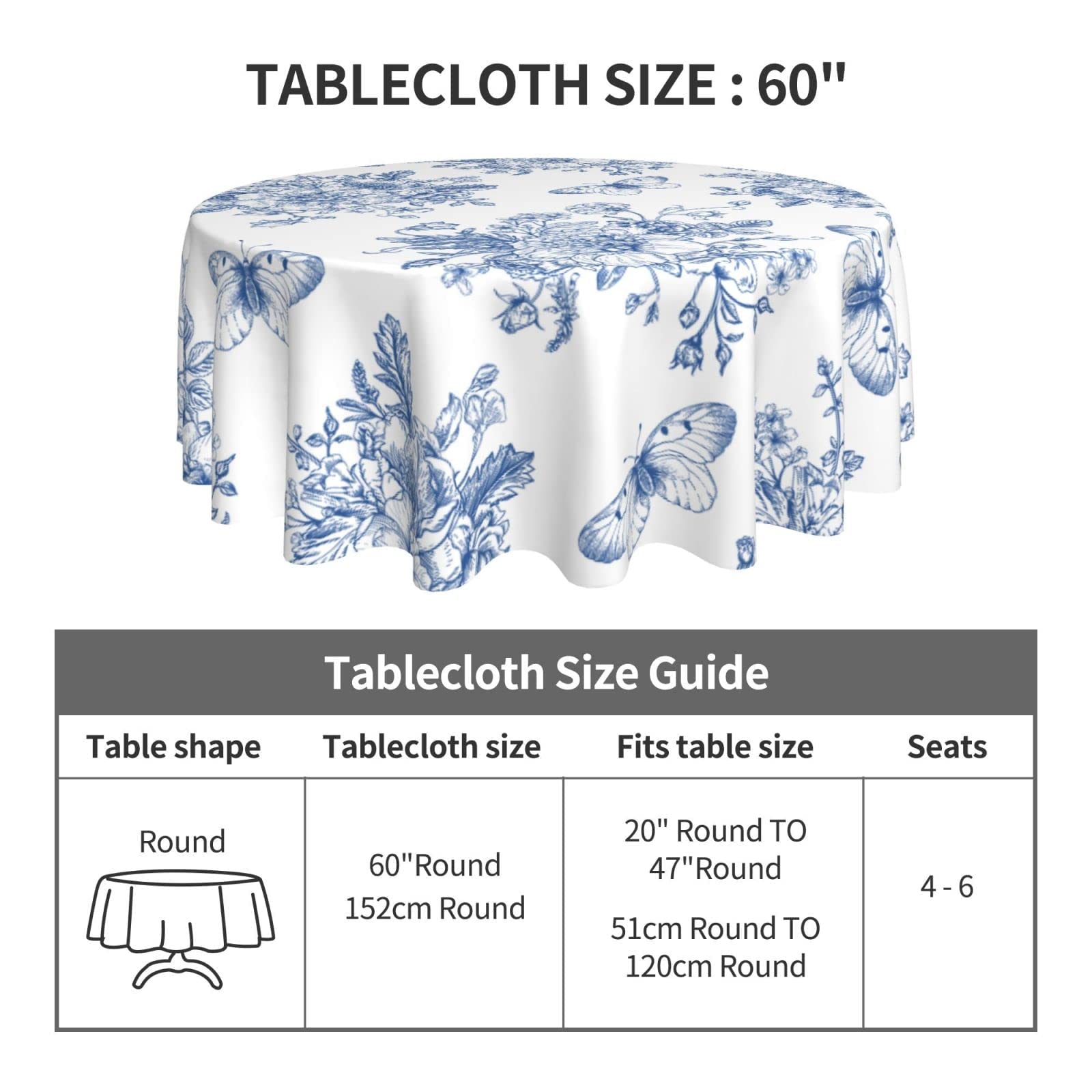 Spring Floral Tablecloth Round 60 Inch Ruitic Butterfly Table Cloth Waterproof Fabric Farmhouse Blue White Flower Tablecloths De