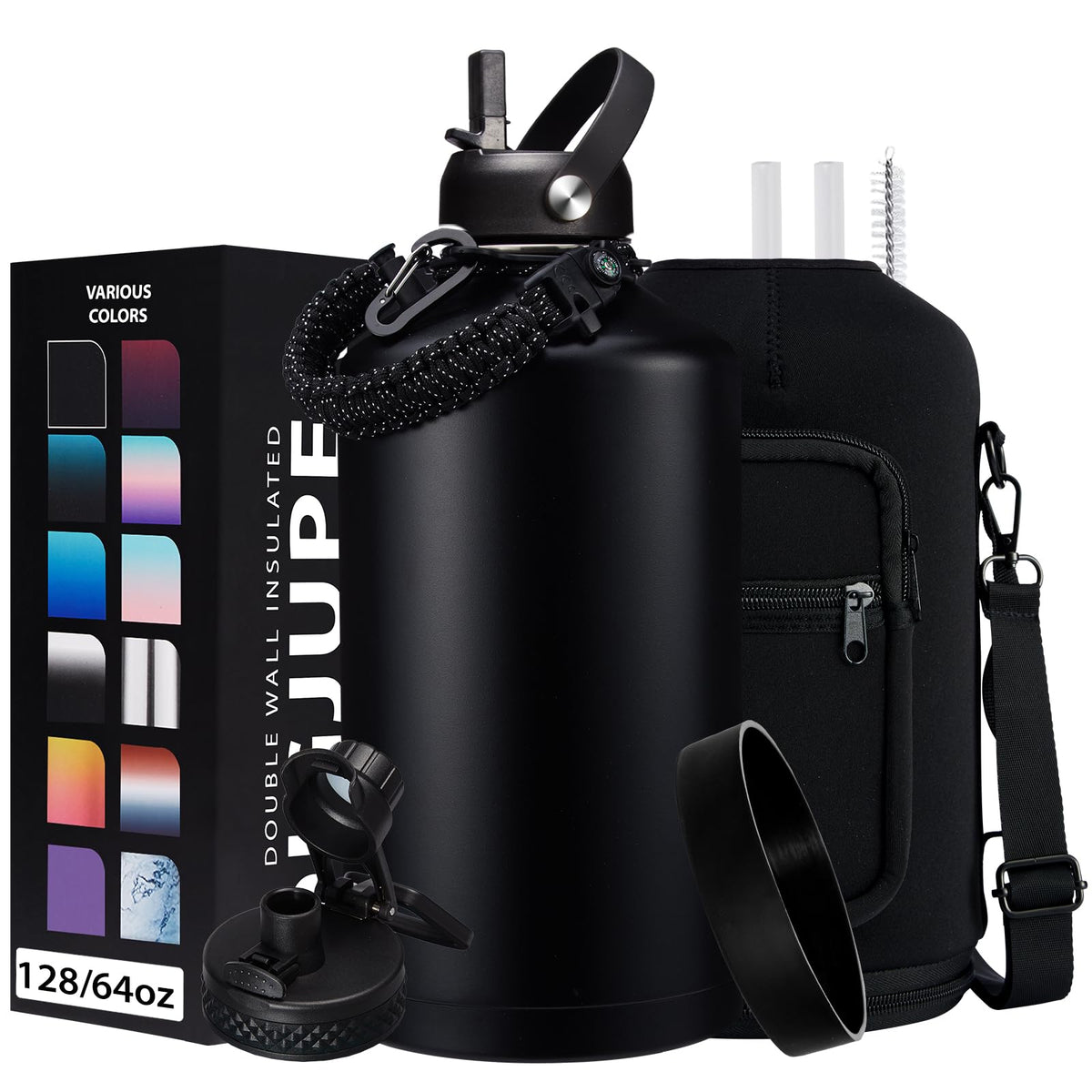 128Oz Insulated Water-Bottles With Strap - 1 Gallon Large Water Jug With Straw & Spout Lid, Stainless Steel Water Bottle Leak Pr