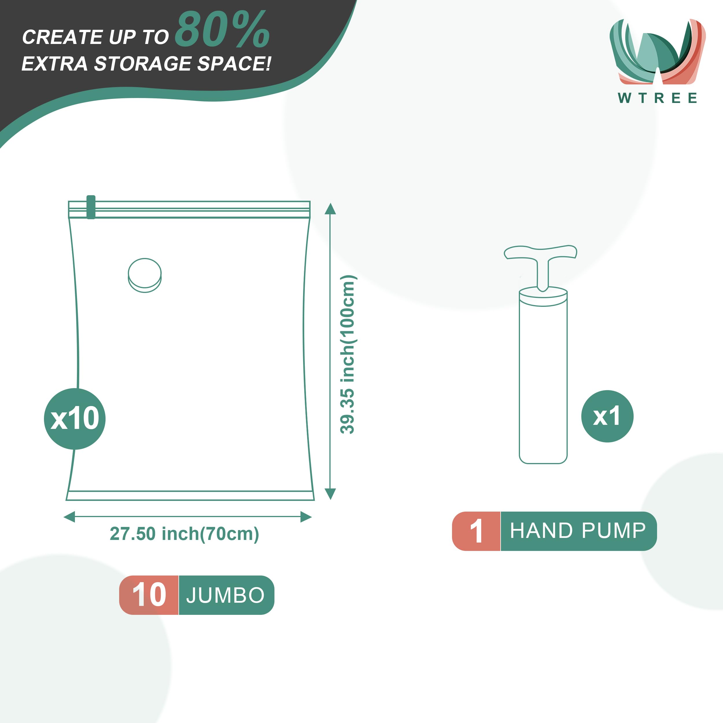 Wtree Vacuum Storage Bags, Space Saver Bags, Vacuum Sealed Bags For Comforters, Blankets, Clothes Storage, Hand Pump Included, 1