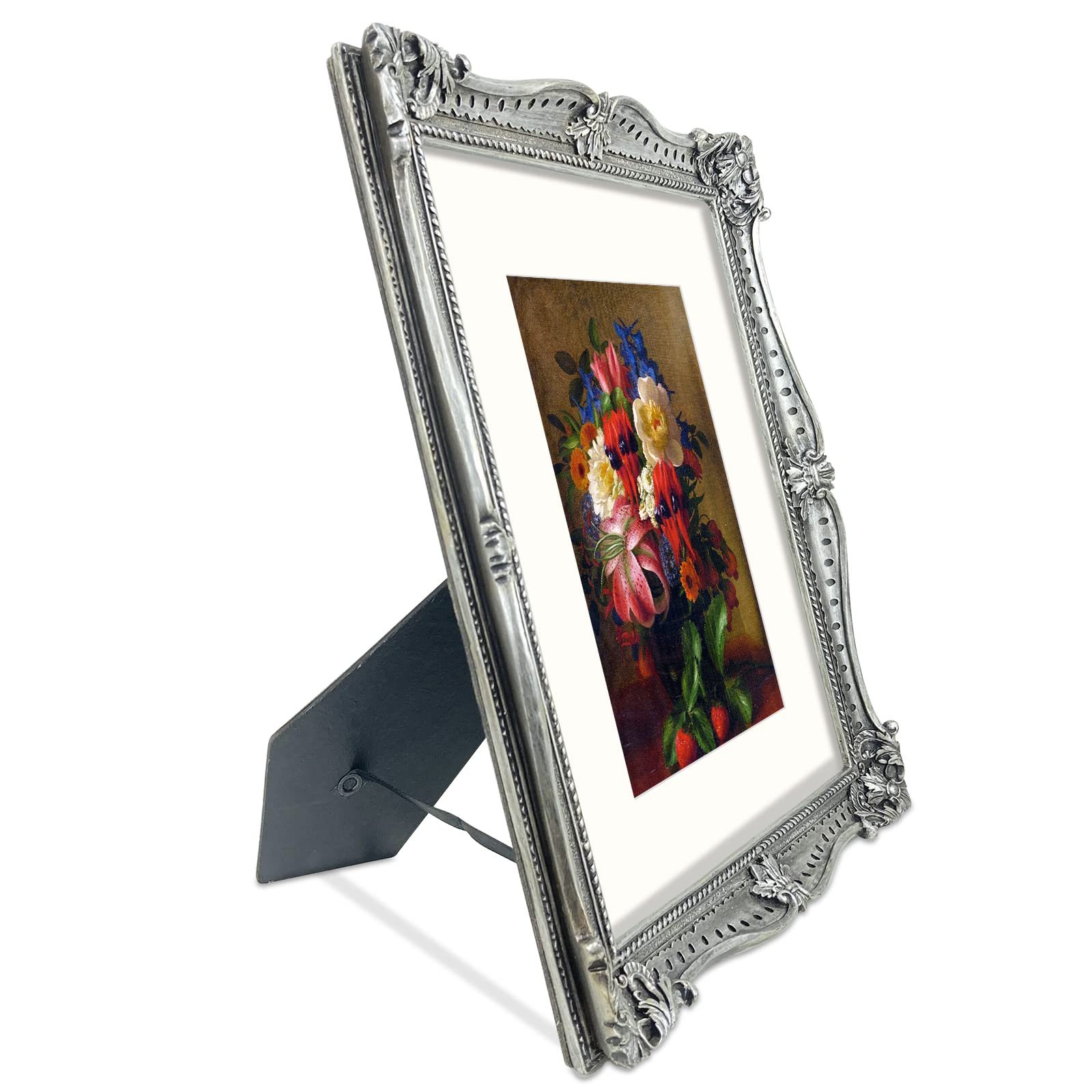 SIMONS SHOP 8x10 Picture Frame with Mat for 5x7 Image, Silver Photo Frames for Wall and Tabletop Display, Vintage Inspired Home