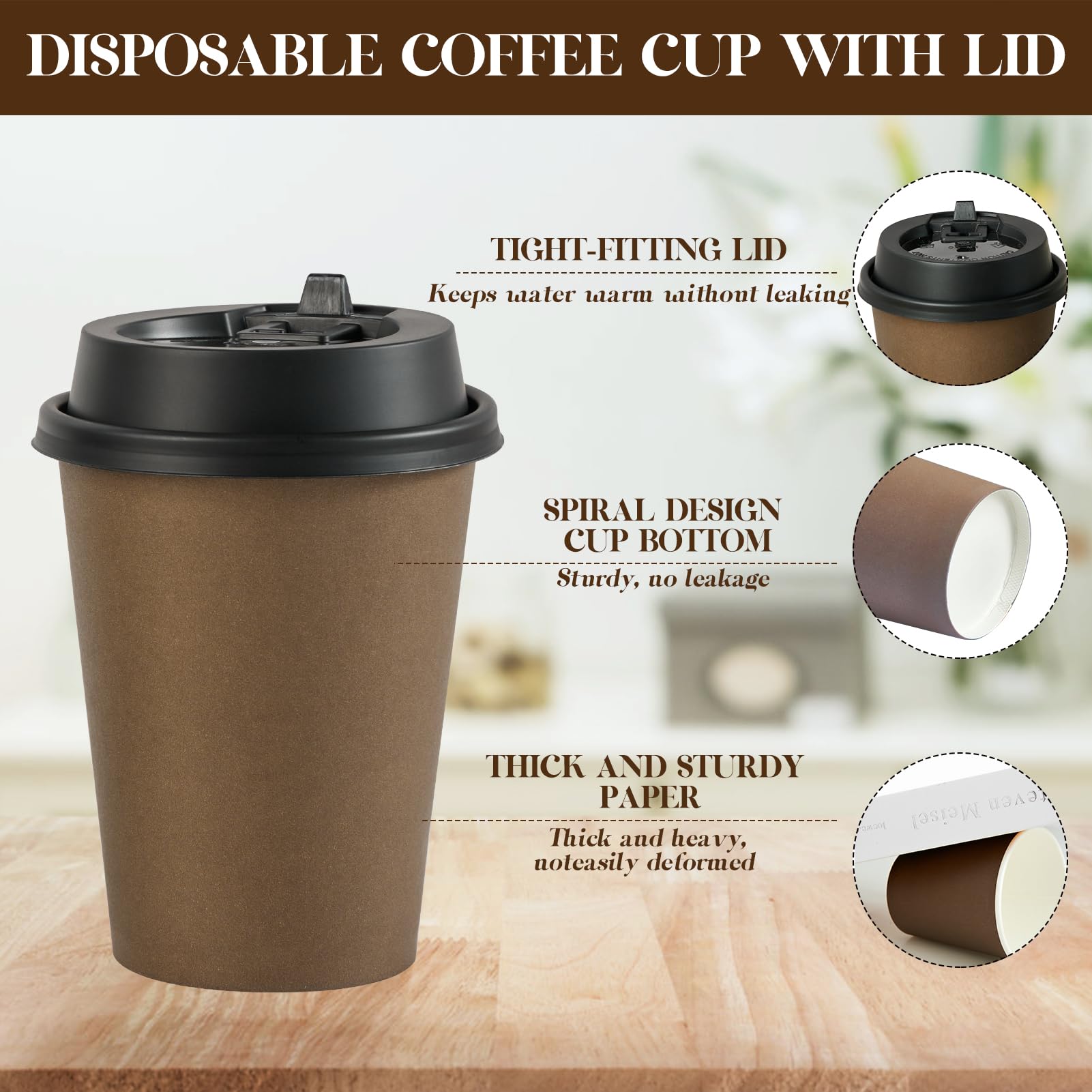 LITOPAK 100 Pack 12 oz Paper Coffee Cups  Brown Disposable Coffee Cups with Lids  Drinking Cups for Cold/Hot Coffee  Water  Juice  or Tea  Hot Paper Coffee Cups for Home  Restaurant  Store and Cafe.