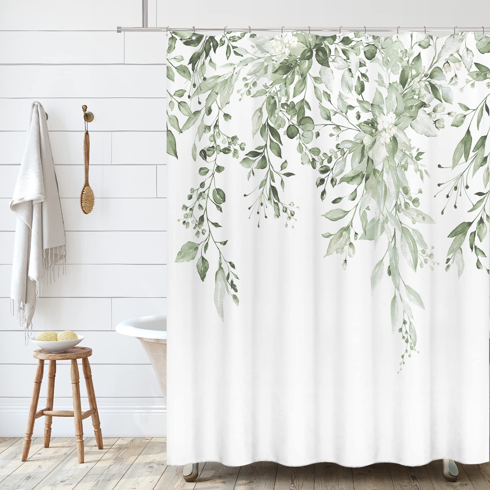 Tititex Lime Light Green Eucalyptus Shower Curtain Sets, Watercolor Leaves On The Top Plant With Floral Bathroom Decoration 72X7