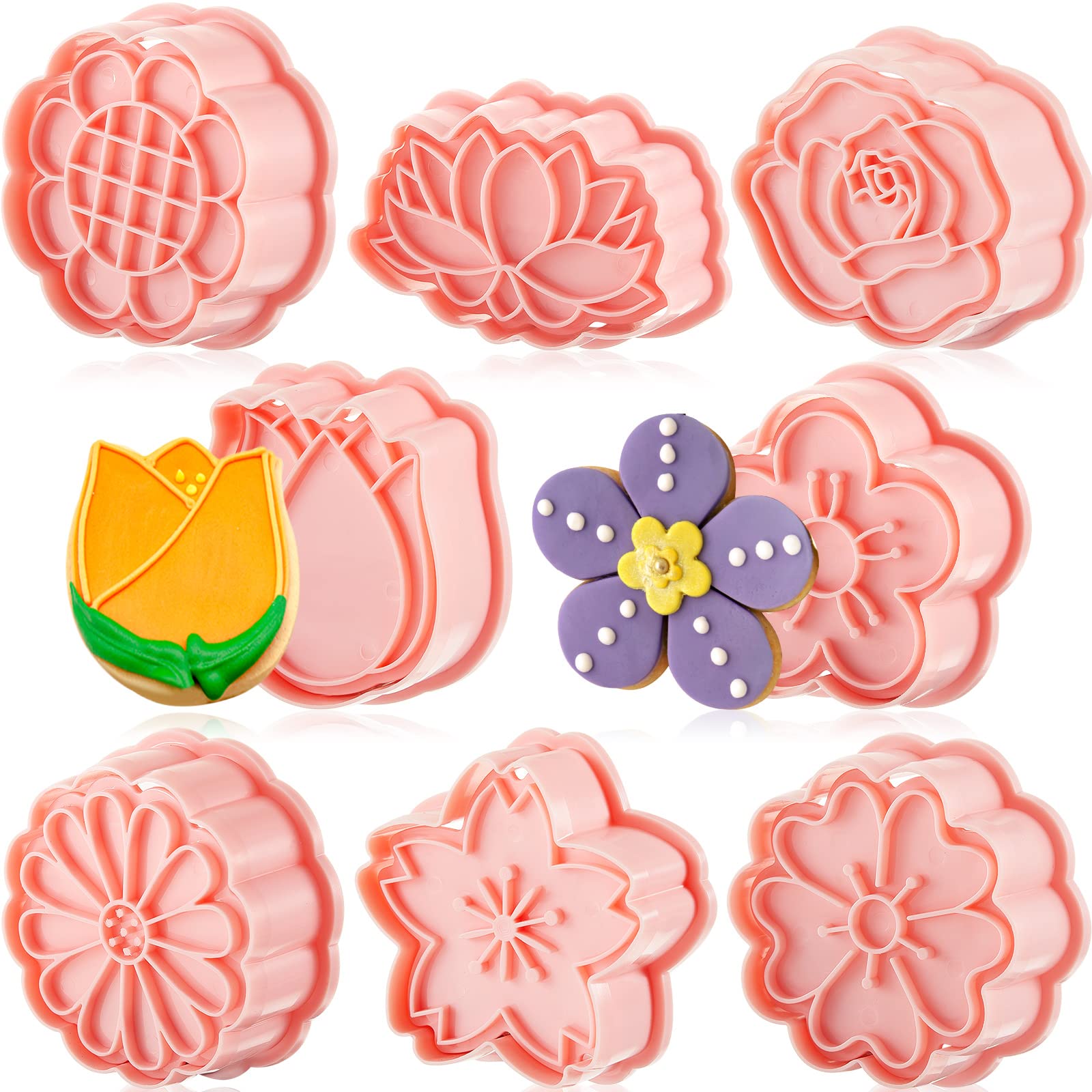8 Pieces Flower Cookie Cutter Flower Shaped Cookie Mold Plastic Pink Cookie Cutters For Home Kitchen, 8 Styles