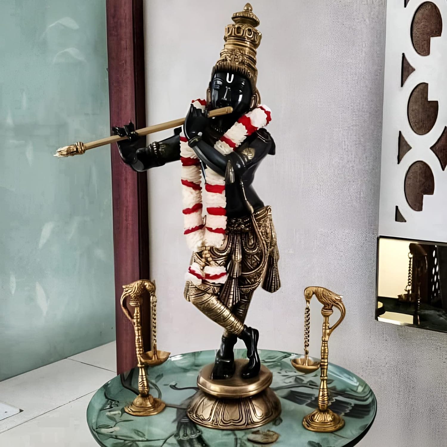 Rugdoll Brass Lord Krishna Flute Playing Statue Showpiece For Home Decor, 23.5 Inches Height, 9.4 Kg Weight, Multicolour