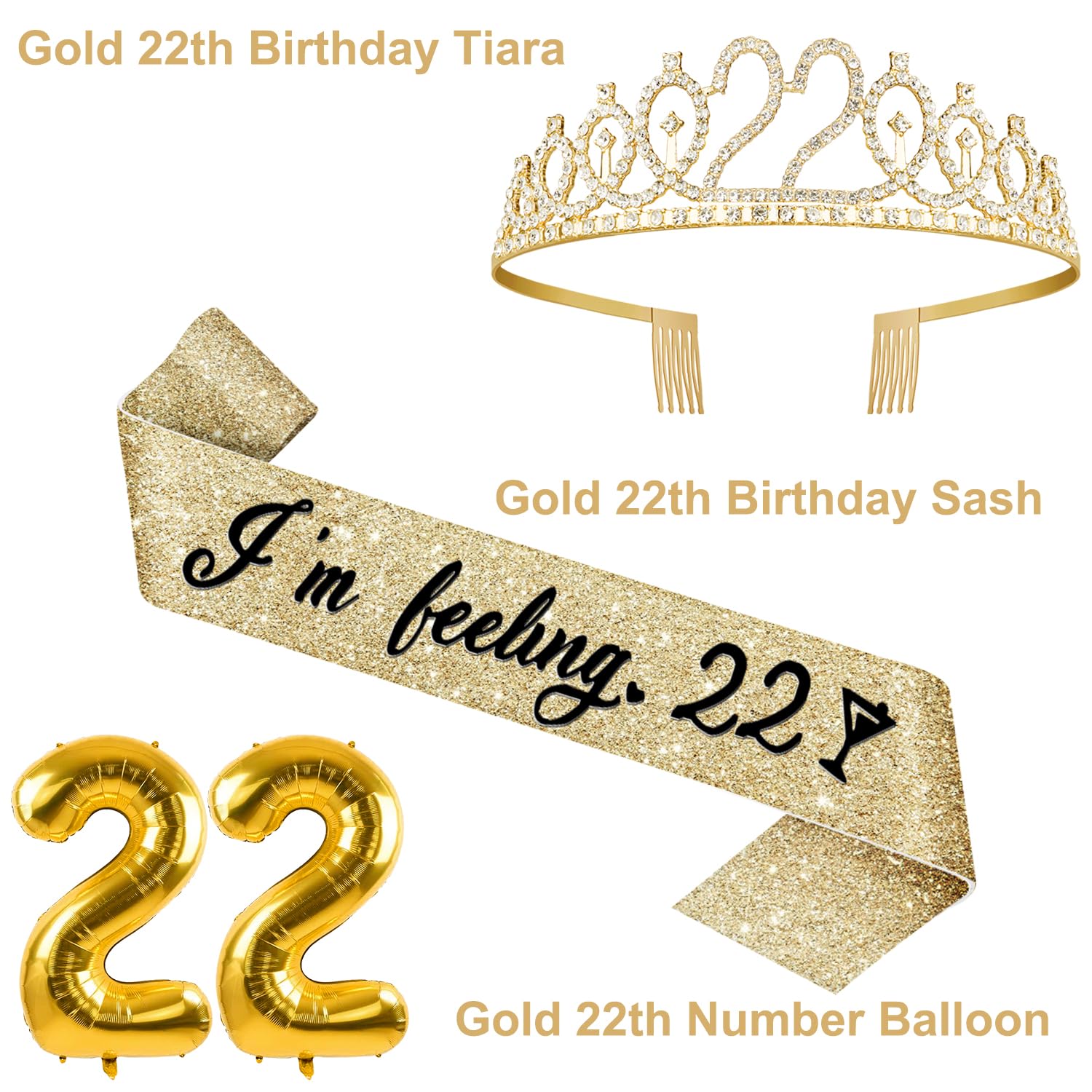 22 Birthday Decorations For Women With 22Nd Birthday Sash And Crown, 22Nd Birthday Cake Topper And Candles, 22 Birthday Balloon