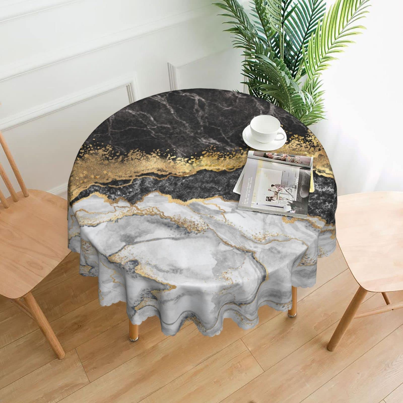 Vvtdesa Black Marble Tablecloth For Round Tables, Oil-Proof Spill-Proof And Easy Clean Tablecloth With Lace Trim, 60 Inch Round