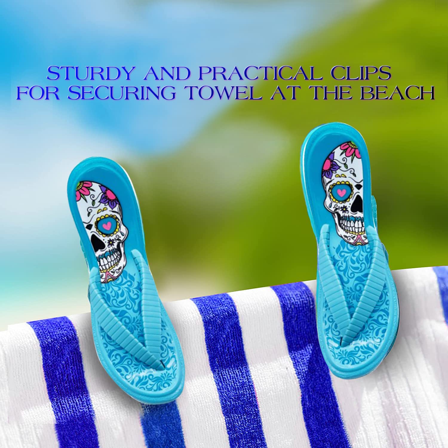 PERFORMORE Flip Flop Beach Towel Clips (Blue)  Set of 2  Portable Towel Holder Clips  Secure Clips for Beach Chairs Deck Patio Pool Boat Cruise Lounge Chair Accessories