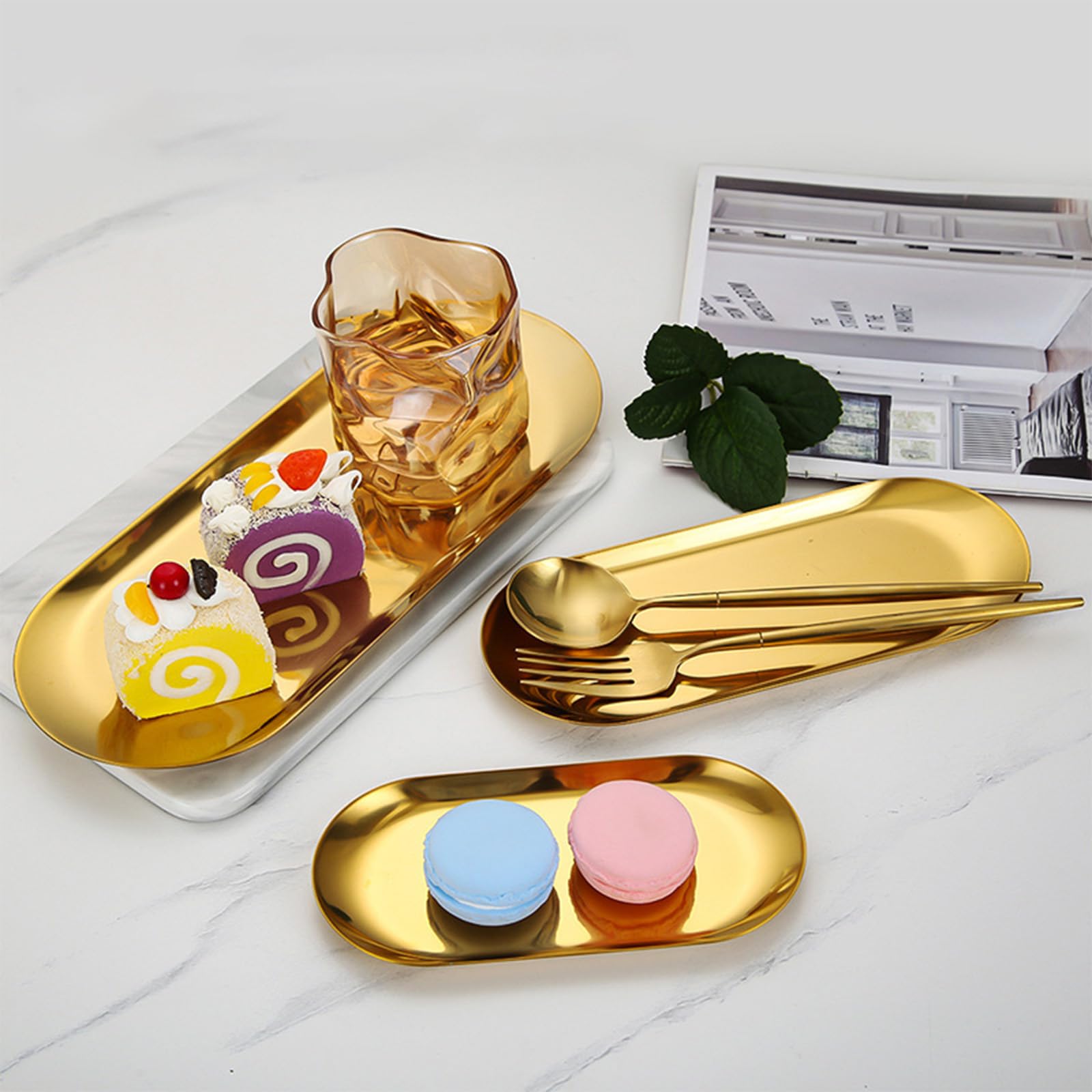 [2Pk ] Gold Tray - Gold Decorative Tray - Gold Serving Tray, Perfume Bathroom Jewelry Vanity Mirror Candle Trinket Towel Tray, S