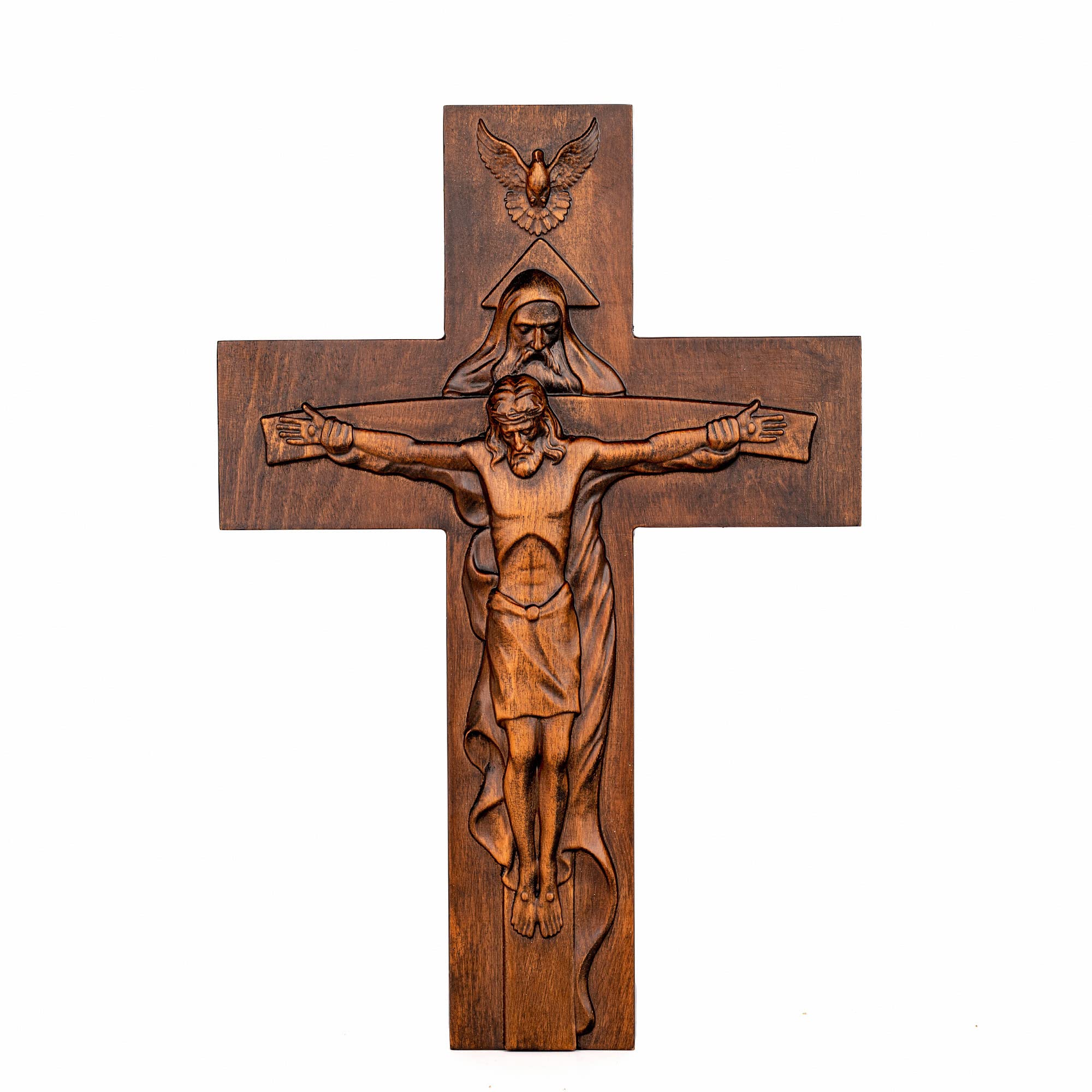 BGCOPPER Holy Trinity Crucifix Wall Cross, Christ Jesus Cross for Wall with Hook, Handmade Wooden Cross Wall Decor for Home Room
