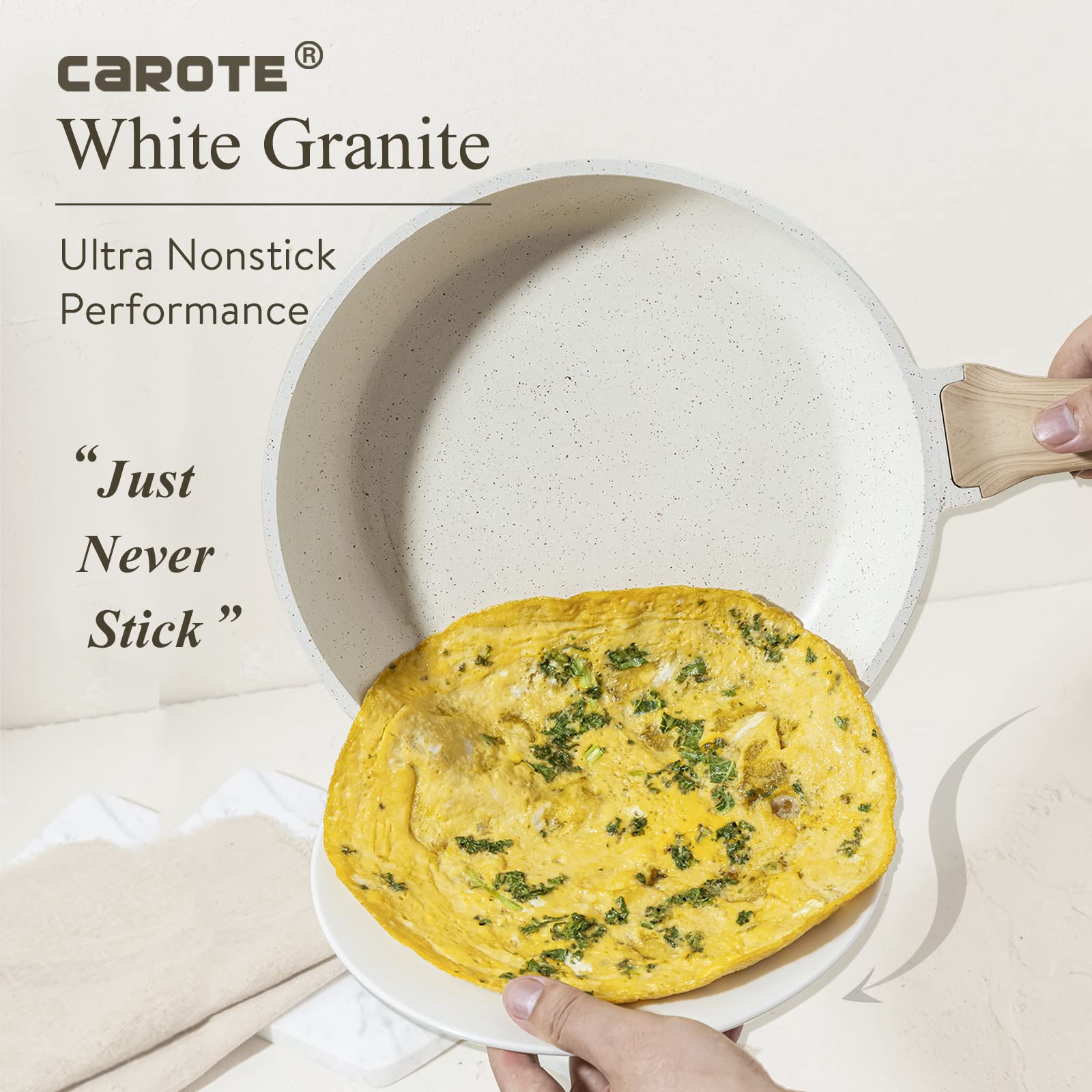 CAROTE Nonstick Frying Pan Skillet 8'' Non Stick Granite Fry Pan with Glass Lid  Egg Pan Omelet Pans  Stone Cookware Chef's Pan  PFOA Free (White Granite  8-Inch)