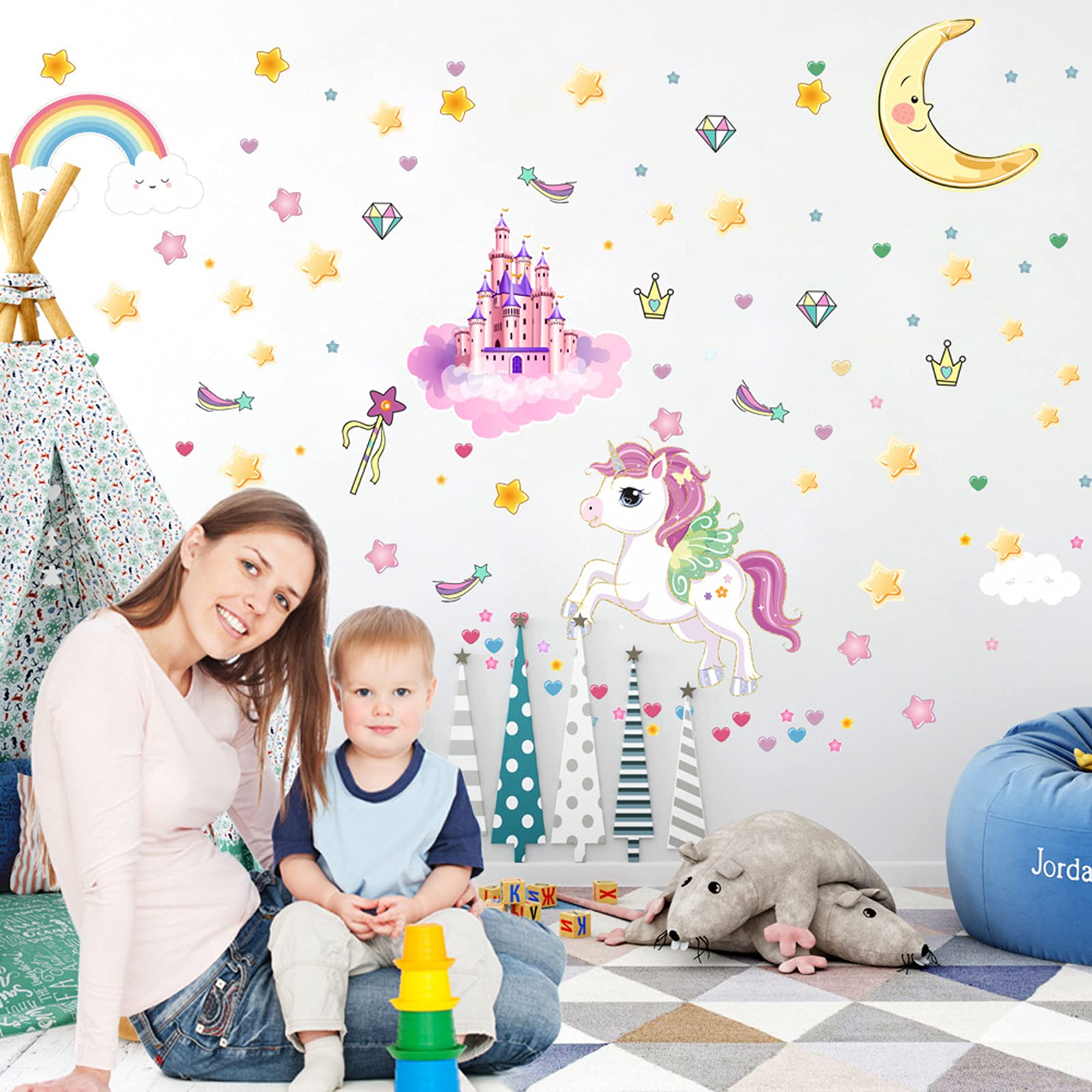 Glow in The Dark Stars and Unicorn Wall Decals  Glowing Castle Moon and Rainbow Stickers  174 pcs Luminous Ceiling Decor for Kids Bedroom  Great Wall Decor for Girls and Boys Gift