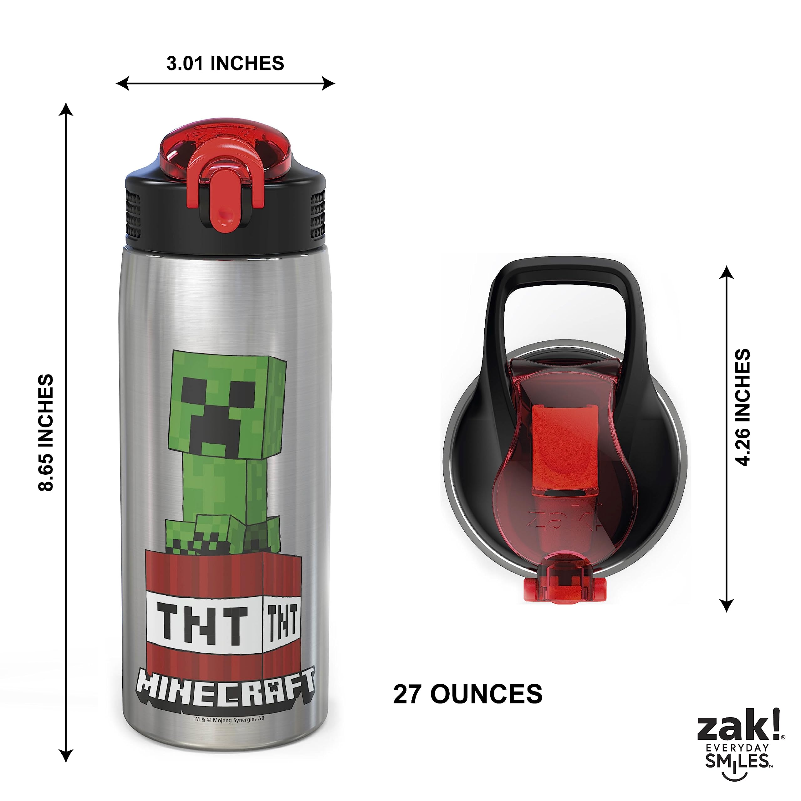 Zak Designs - Mici-V151 Zak Designs 27Oz Minecraft 18/8 Stainless Steel Water Bottle With Flip-Up Straw Spout And Locking Spout