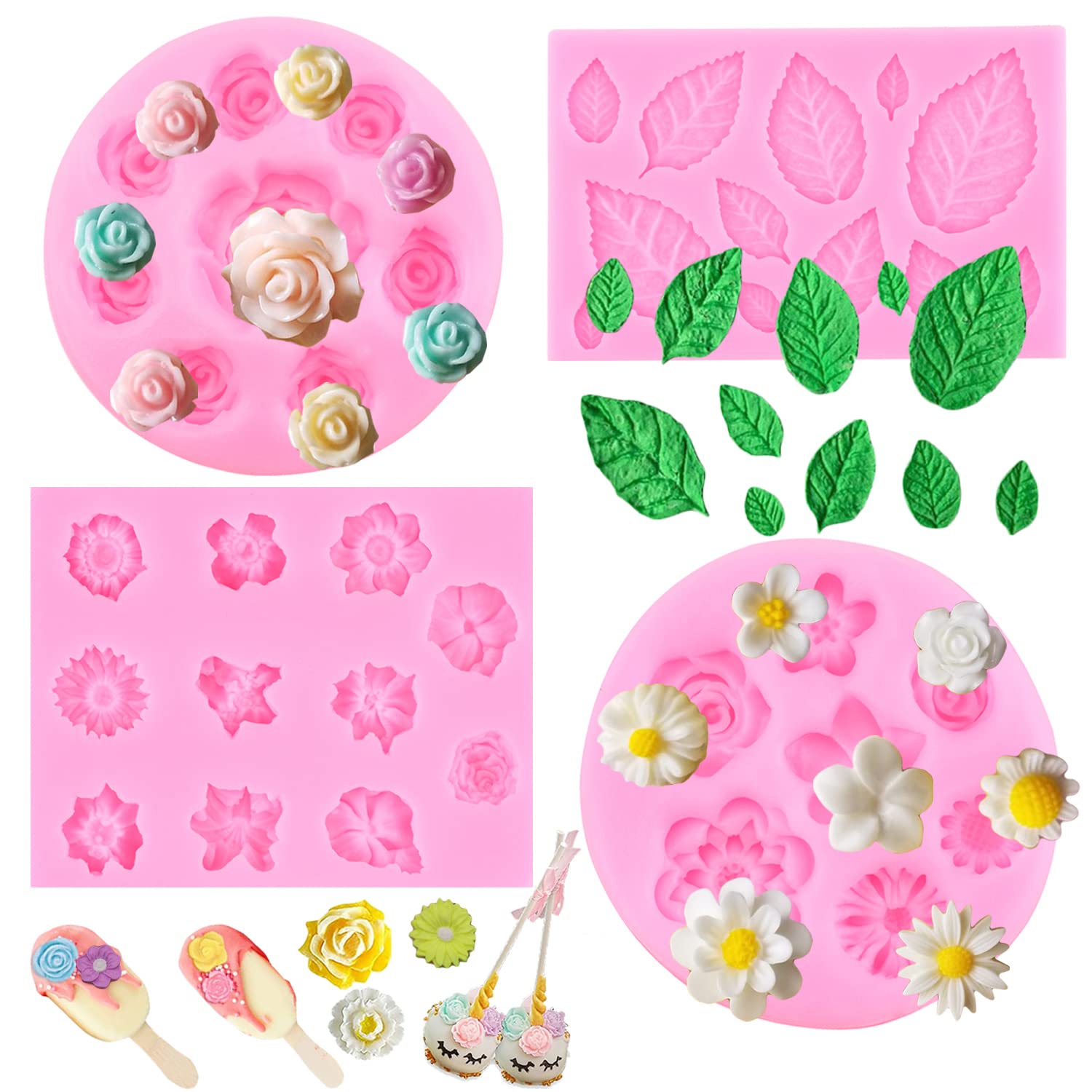 Miyahouse Rose Flower Leaf Fondant Mold Rose Flower Silicone Molds Daisy Flower Fondant Mold For Cake Decorating Cupcake Topper