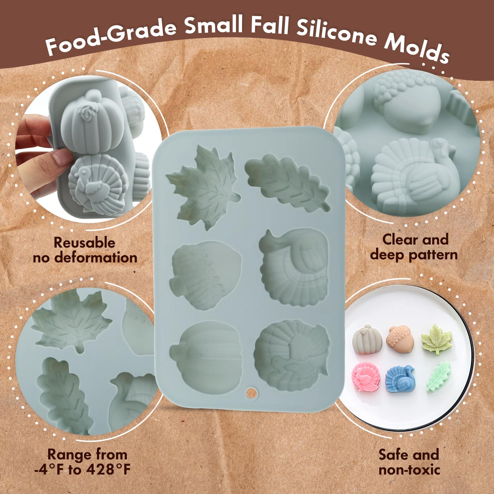 2-Pack Thanksgiving Treat Molds - 6-Cavity Silicone Baking Molds with Turkey, Pumpkin, Pinecone, Maple Leaf - DIY Chocolates, Ca