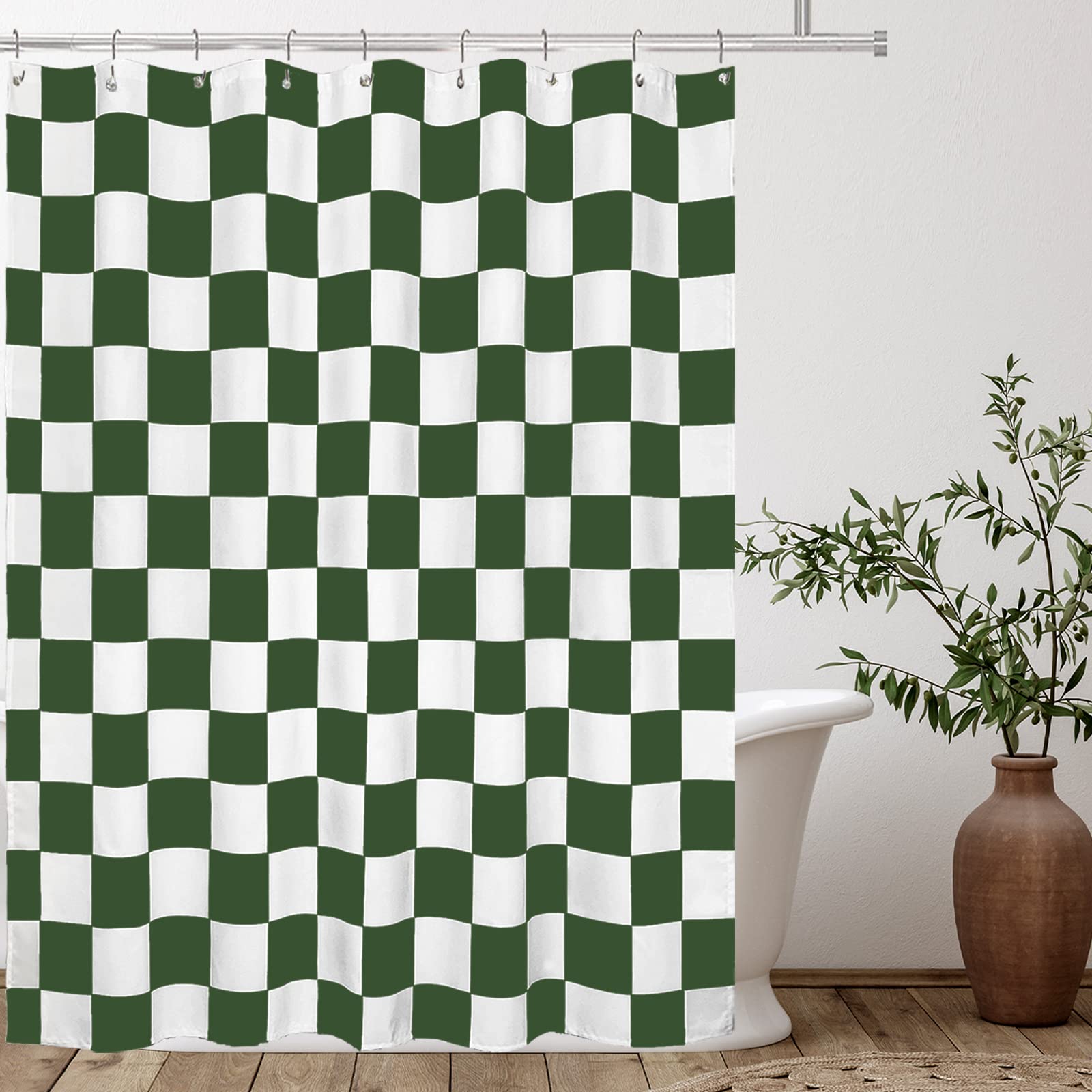 Tititex Aesthetic Checkerboard Grid Pattern Shower Curtain, White Olive Green Modern Shower Curtain Sets Decoration 71X71 Inch W