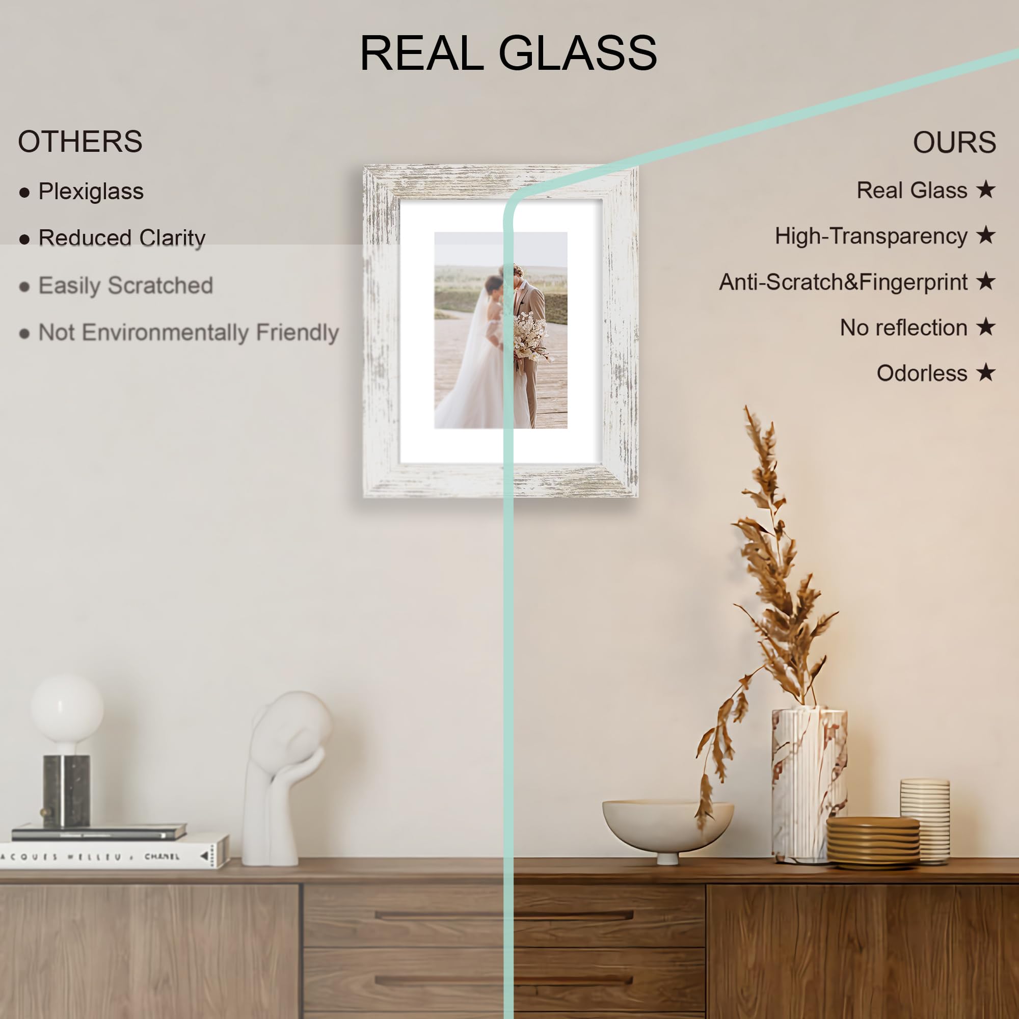 Hongkee 6x8 Picture Frame Set of 4, Made of Real Glass and Distressed White Frame - Display Picture 4x6 with Mat or 6x8 Without