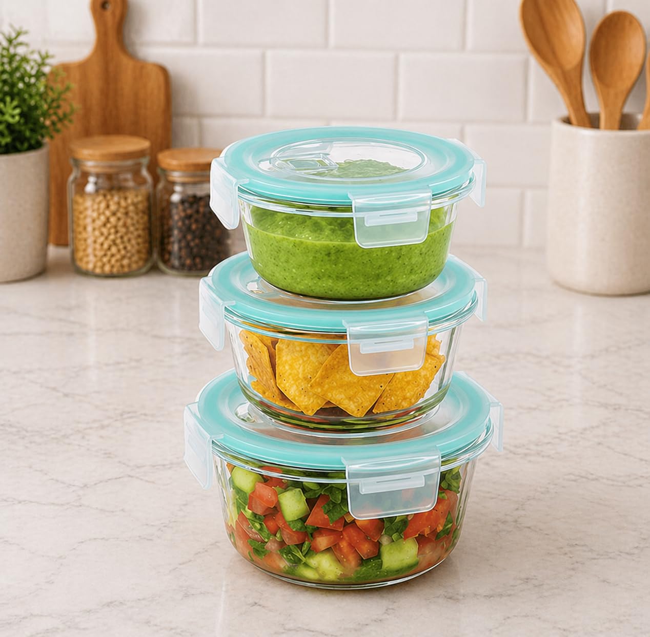 Rioware Transparent Glass Containers With Lid Set Of 3 (S400Ml, M650Ml, L1000Ml) | Borosilicate Glass Food Storage Containers