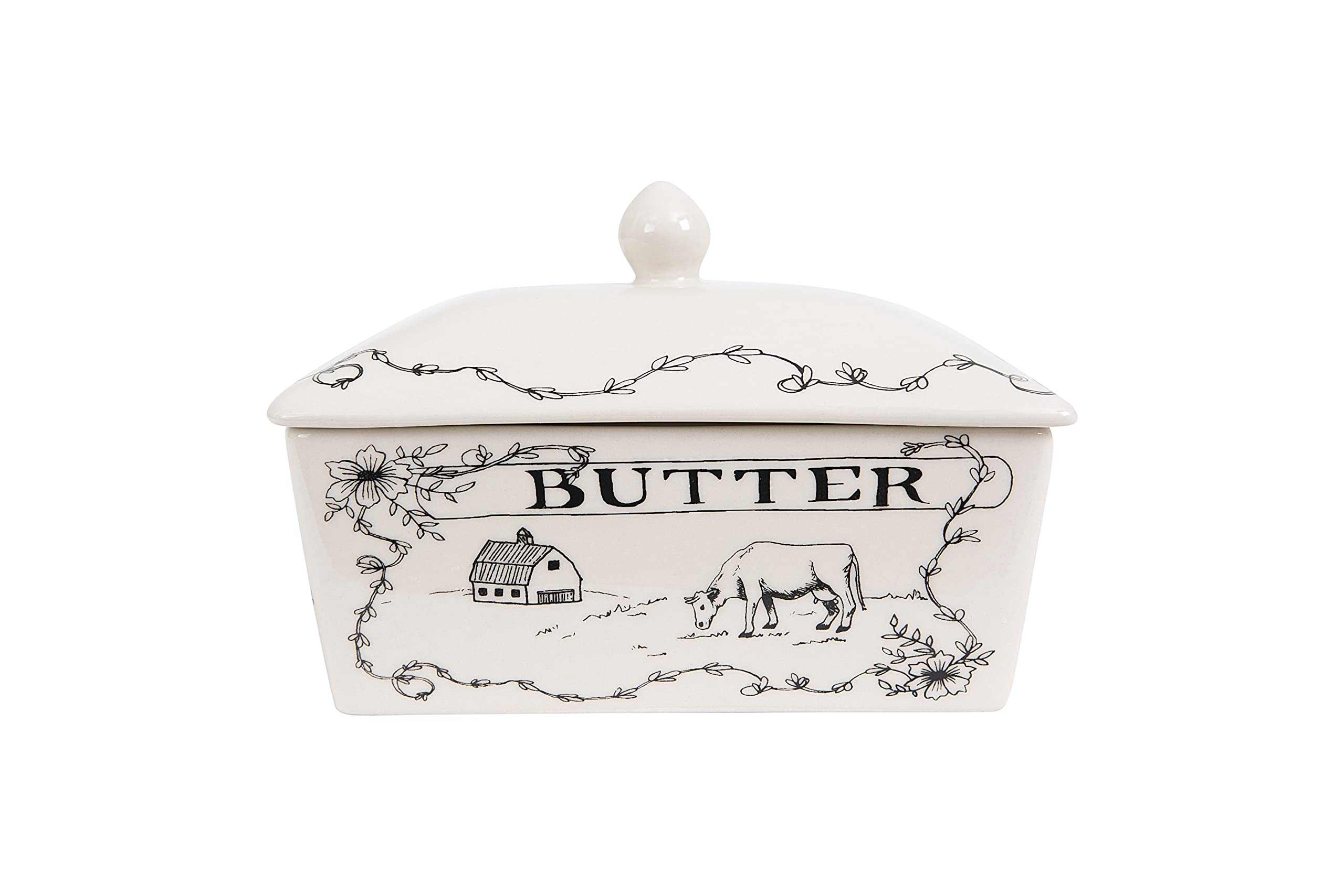 Creative Co-Op Country Stoneware Butter Dish With Lid, ''Spread The Love'' Message, And Farm Line Drawing, White And Black
