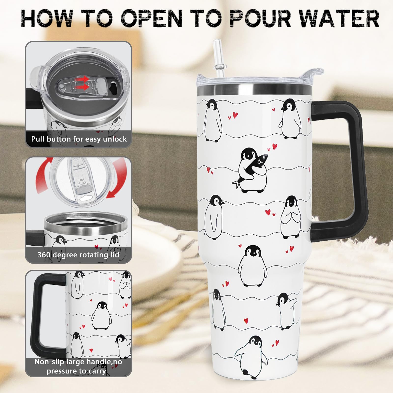 Nqhsionv Penguin Tumbler with Handle and Straw 40 oz Penguin Cup Coffee Travel Mug Stainless Steel Insulated Water Bottle Pengui