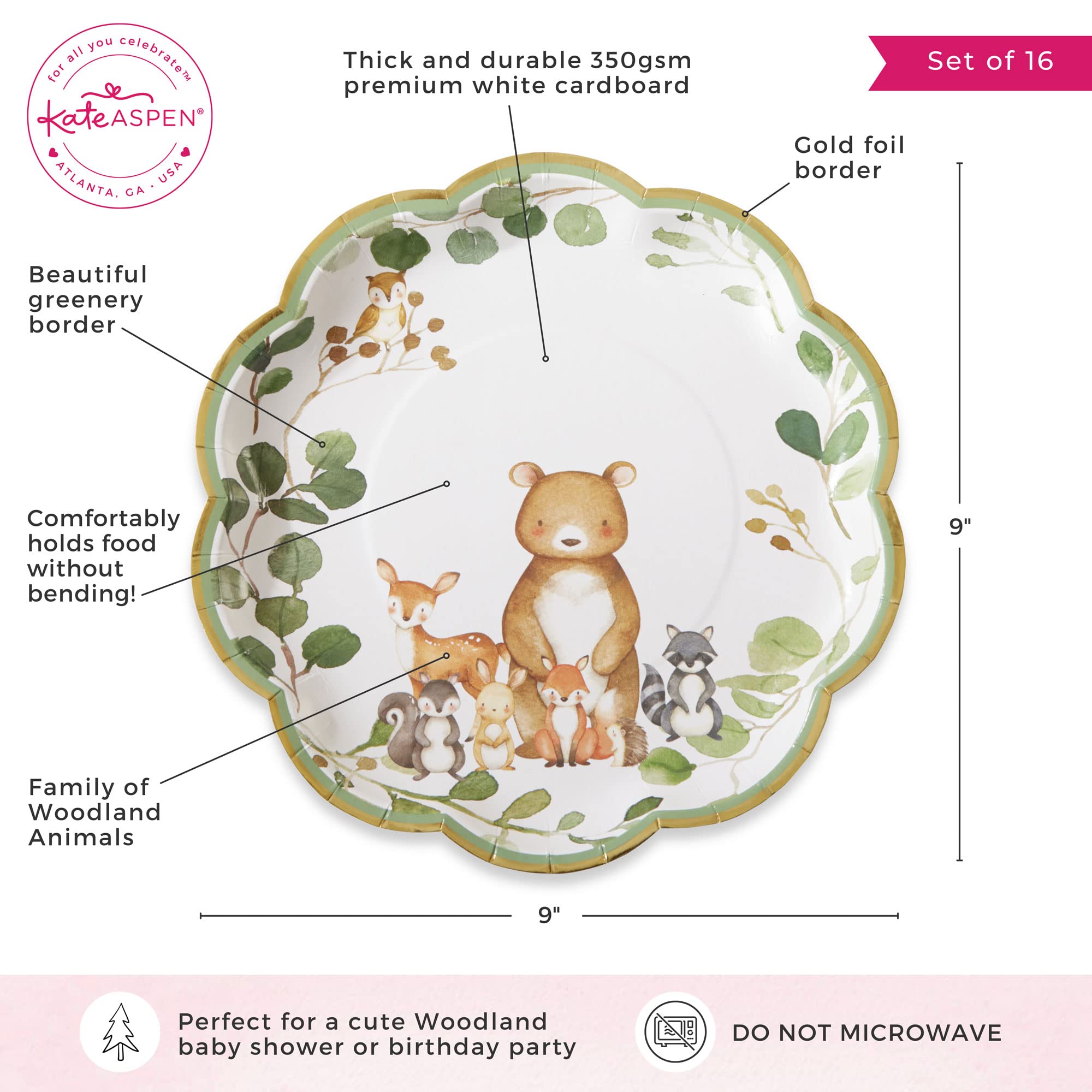 Kate Aspen Woodland Baby Shower, 9 Inch, 9 In. Decorative Premium Paper Plates (Set Of 16)