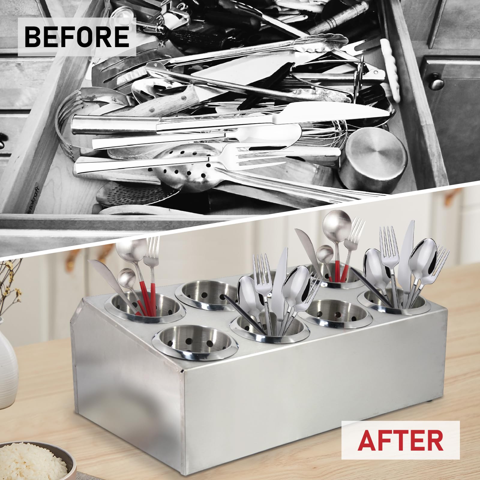 Tonchean Commercial Utensil Holder For Kitchen Counter, Silverware Organizer 8 Cups Large Utensil Holder Stainless Steel For Res