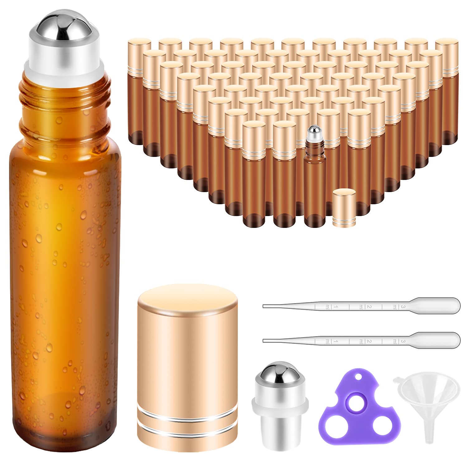 Prettycare Roller Bottles For Oils 10 Ml (Amber Glass, 60 Pack, 10 Extra Stainless Steel Balls, 72 Labels, 4 Opener, 4 Funnels E