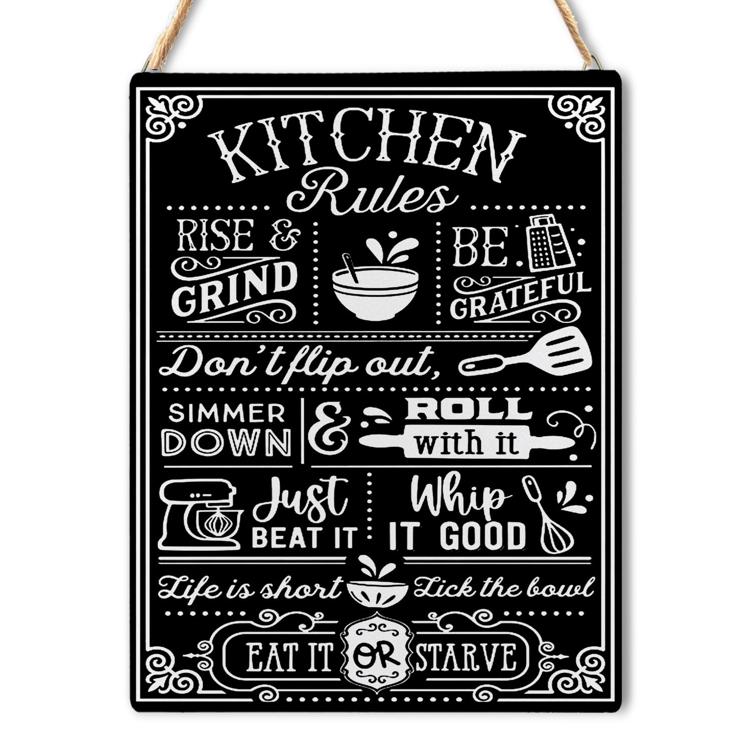 UNCDLV Kitchen Signs Wall Decor Kitchen Rules Sign Wall Art, Rustic Black Eat Kitchen Wall Decor 8x10 Inches