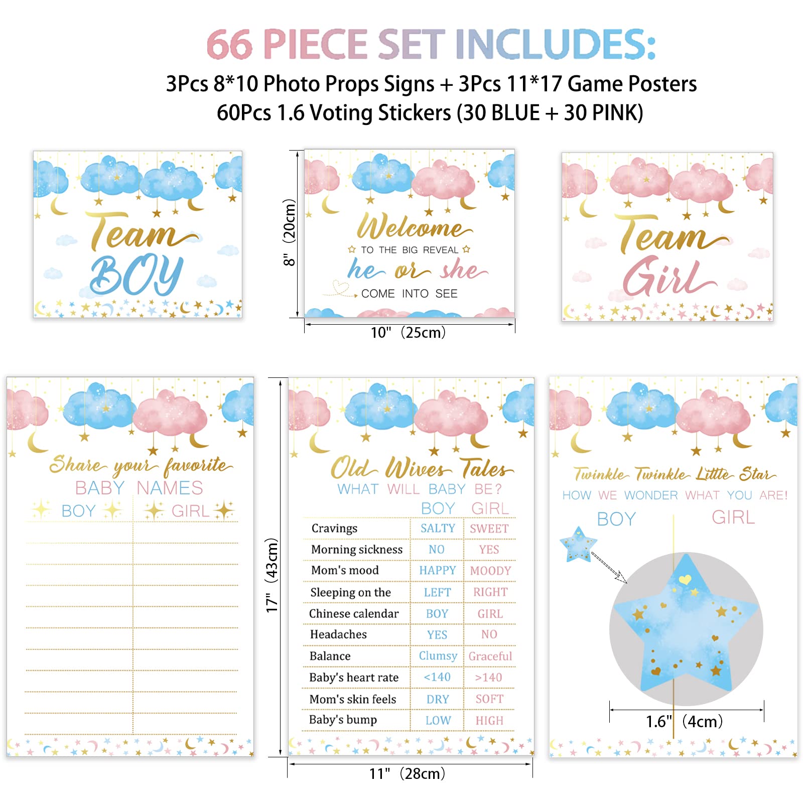 Twinkle Twinkle Little Star Baby Gender Reveal Party Supplies Kit,Photo Props Games Decorations,He Or She,Includes 3 Game Poster