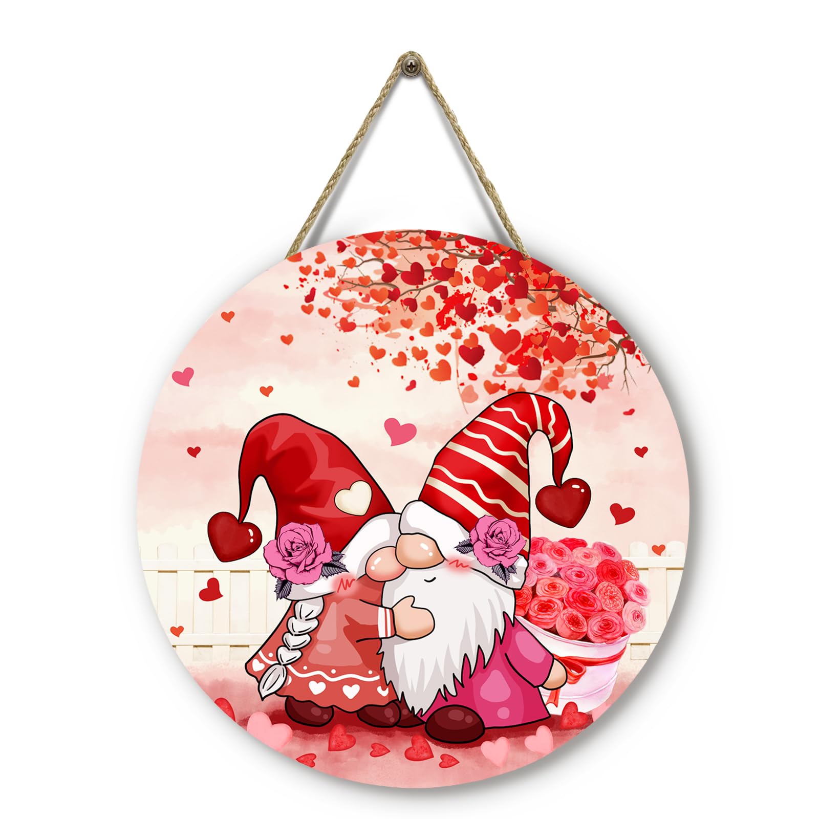 Dacawin Valentines Day Gnomes Door Hangers Red Hearts Rose Front Door Sign Wooden Porch Wall Sign Anniversary Wedding Holiday H