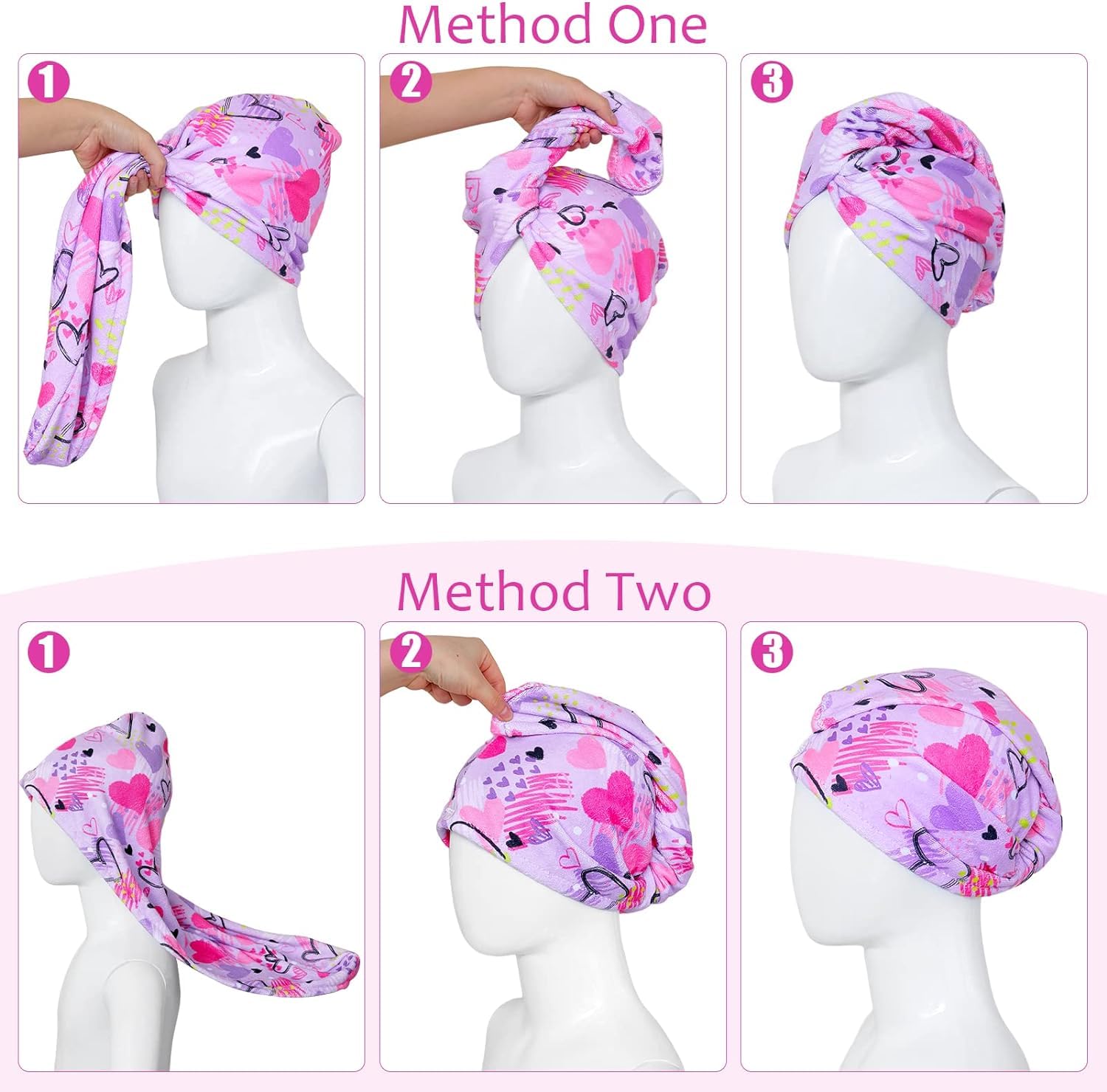 WUBAYI 2Pack Hair Drying Towels-Microfibre Hair Towels-Quick Drying Hair Towels-Uper Absorbent Hair Towel with Button. Designed