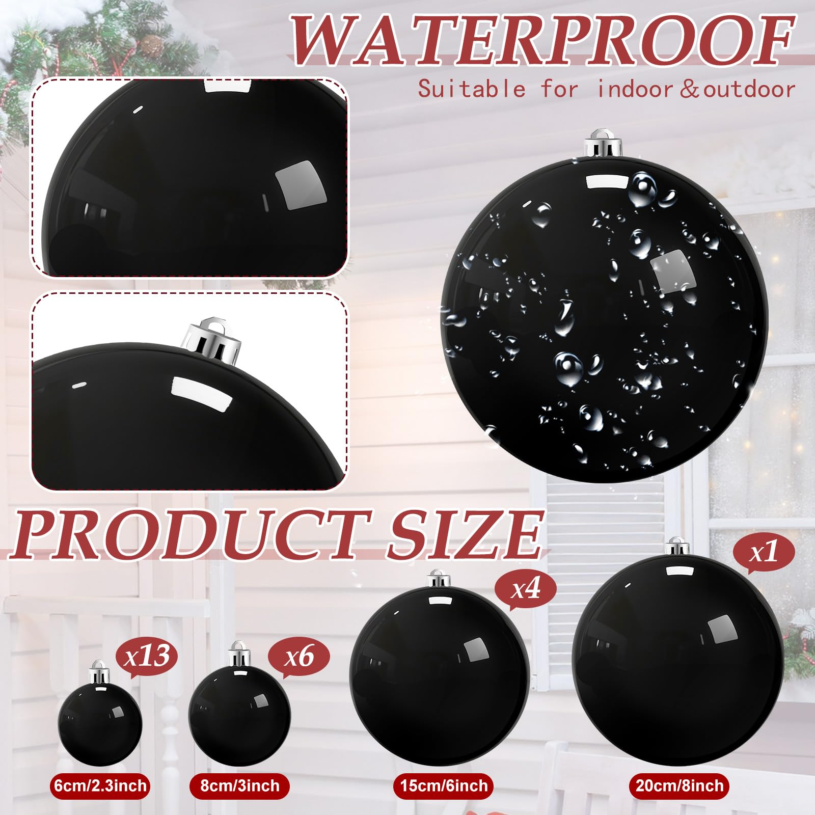 Marsui 24 Pcs Giant Christmas Balls Ornaments Extra Large Outdoor Black Christmas Ornament 8'' 6'' 3'' 2'' Large Xmas Balls Bulk