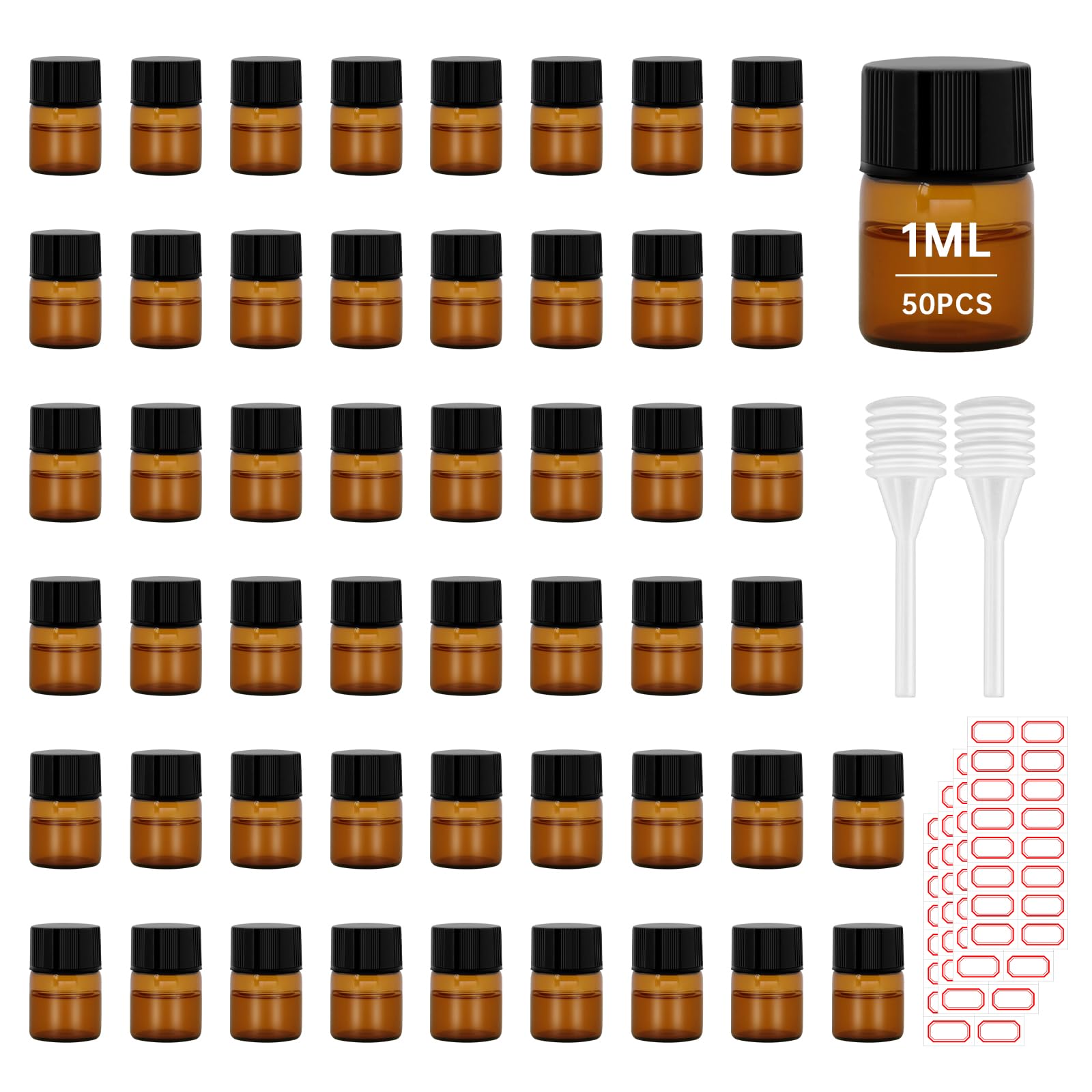 eispap 50Pcs Amber 1ML Mini Glass Bottles Clear Essential Oil Vials Empty Cosmetic Sample Containers with Black Lid for Essentia