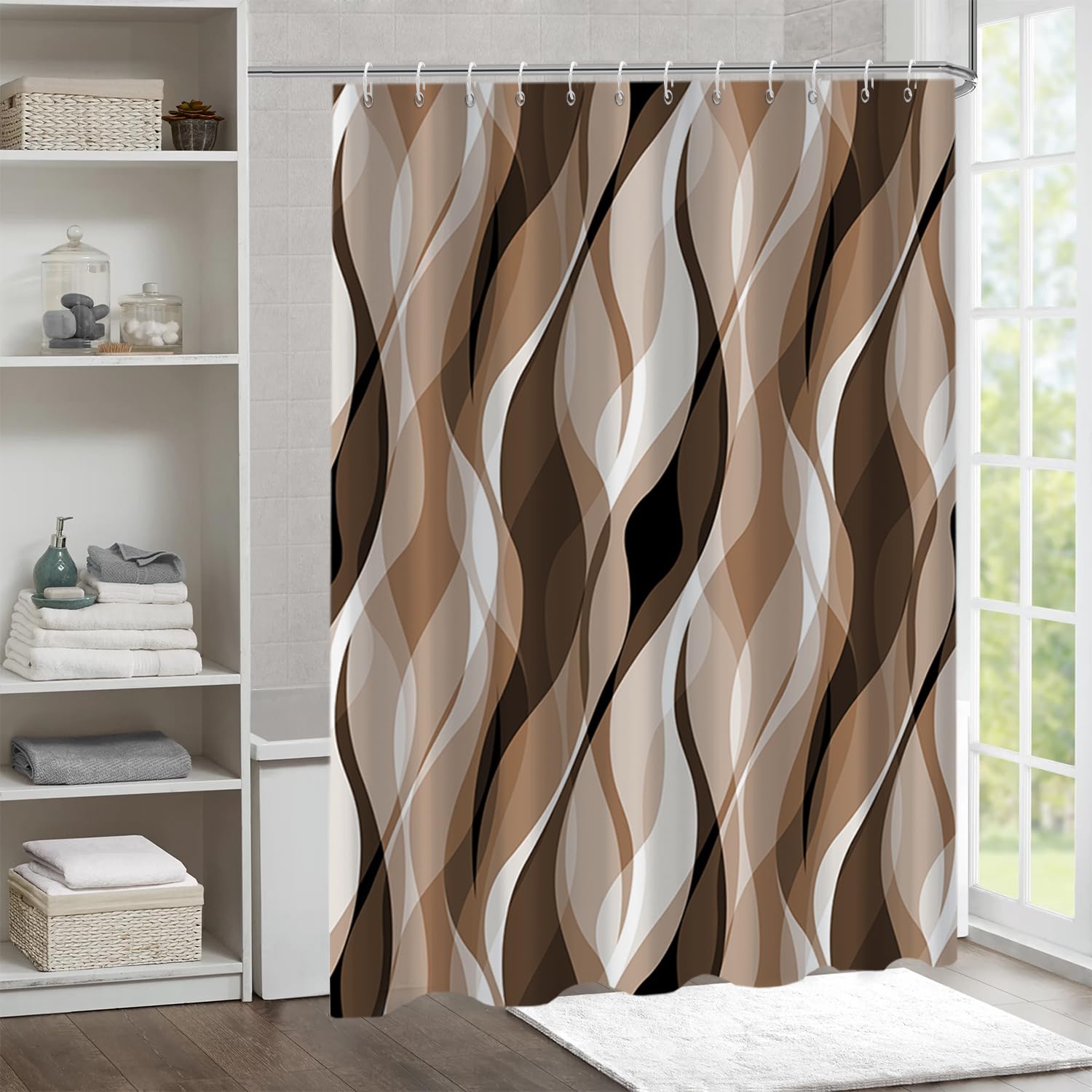 Ruelvth Brown Shower Curtain, Modern Abstract Grey And Brown Striped Shower Curtain Set For Bathroom Waterproof Tan Shower Curta