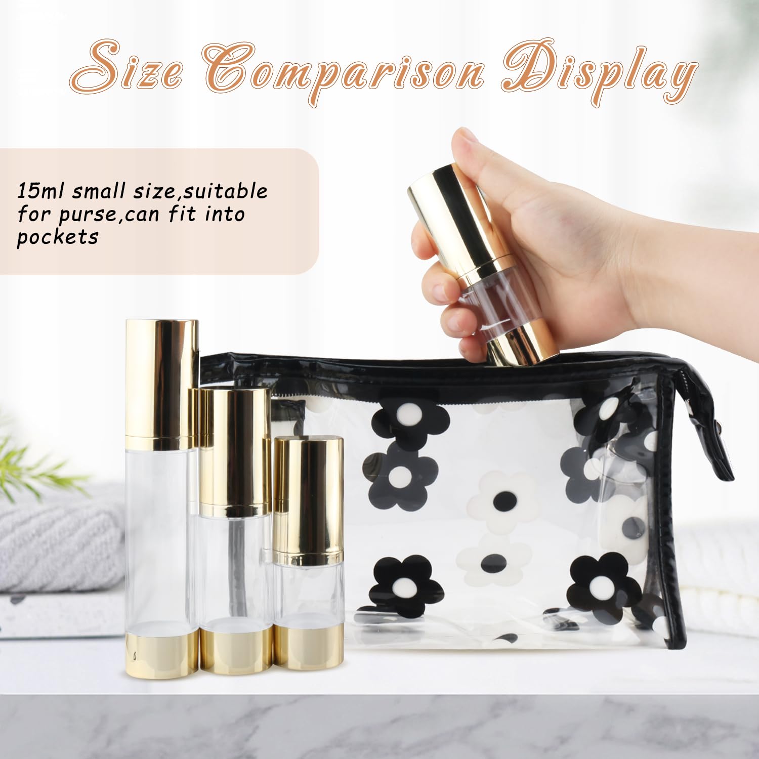 Bosmiow 4Pcs 15Ml/0.5Oz Clear Plastic Airless Pump Bottles With Gold Head Empty Refillable Vacuum Bottles Travel Size Cosmetics
