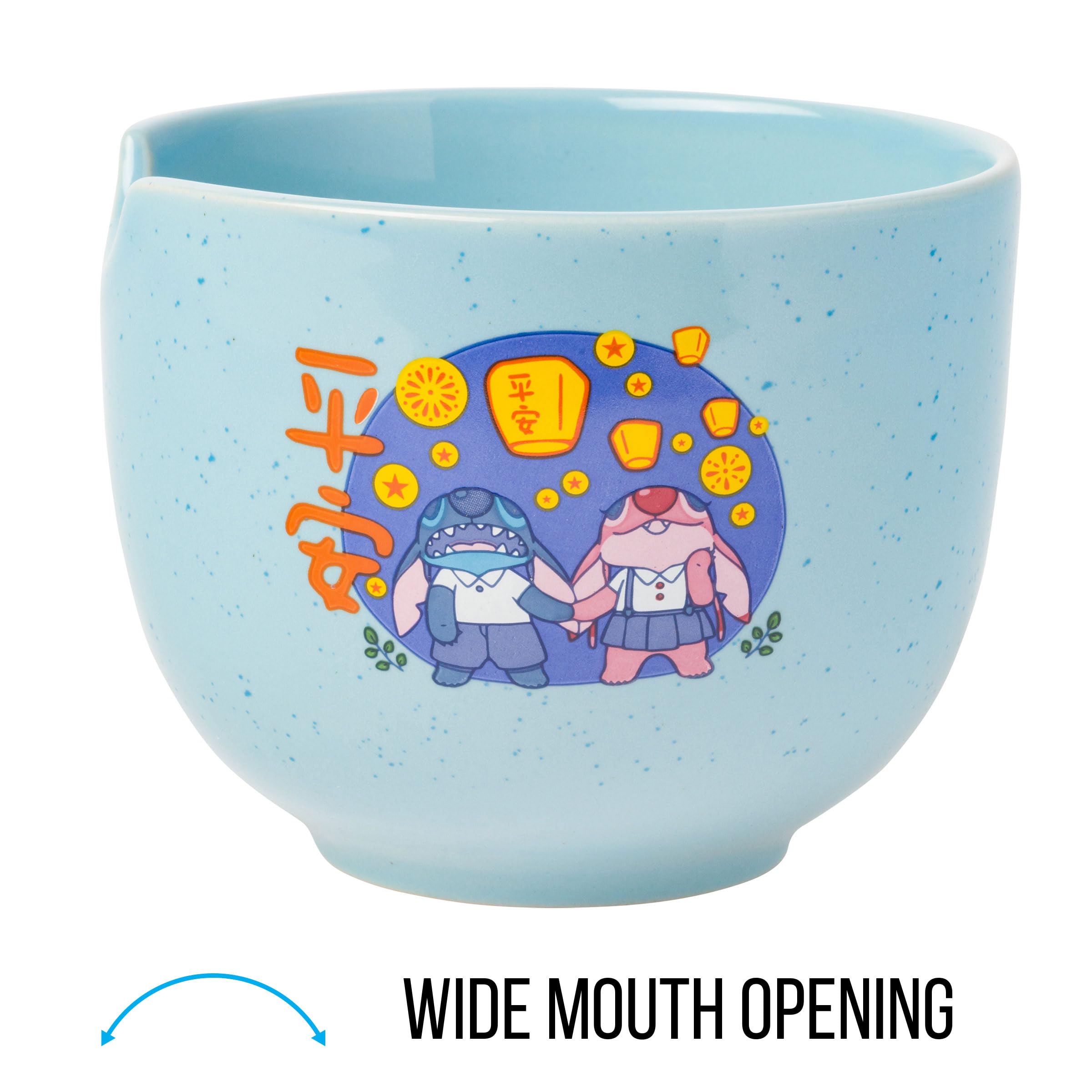 Silver Buffalo Lilo And Stitch Angel Holding Hands Couple Floating Lantern Ceramic Ramen Noodle Rice Bowl With Chopsticks, Micro