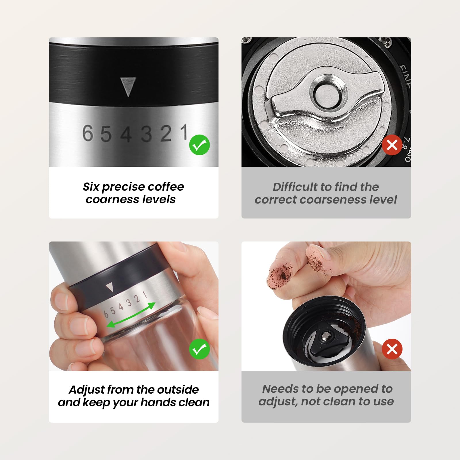 Vevok Chef Manual Coffee Grinder Stainless Steel Burr Grinder 6 External Adjustable Setting Vintage Hand Coffee Grinder Portable