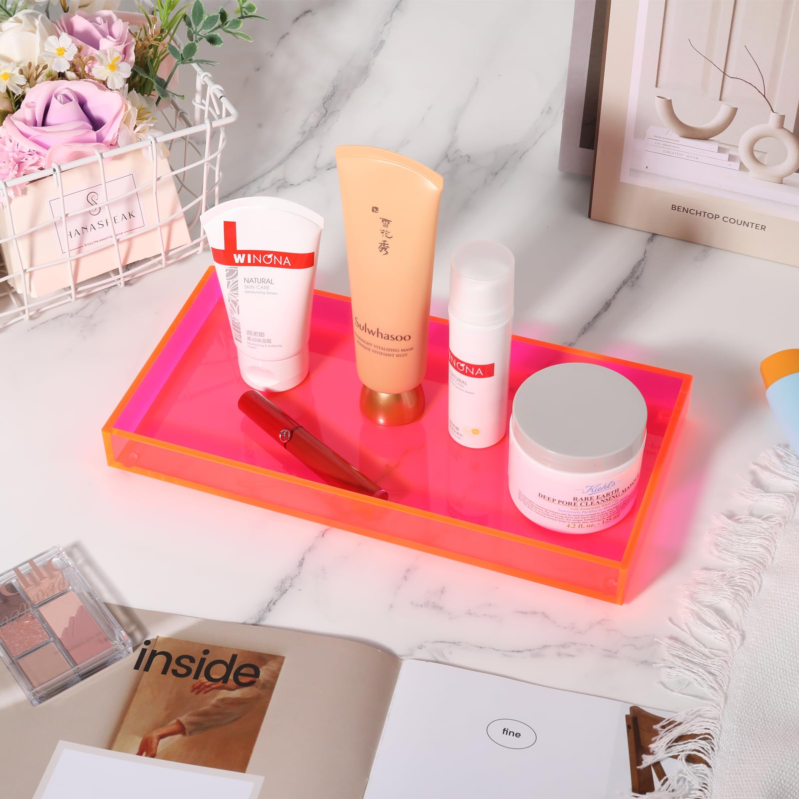 Acrylic Tray For Vanity Makeup Perfume Jewelry 12X6'' Small Decorative Tray For Bathroom Dresser Tops Candle Sink Counter, Neon