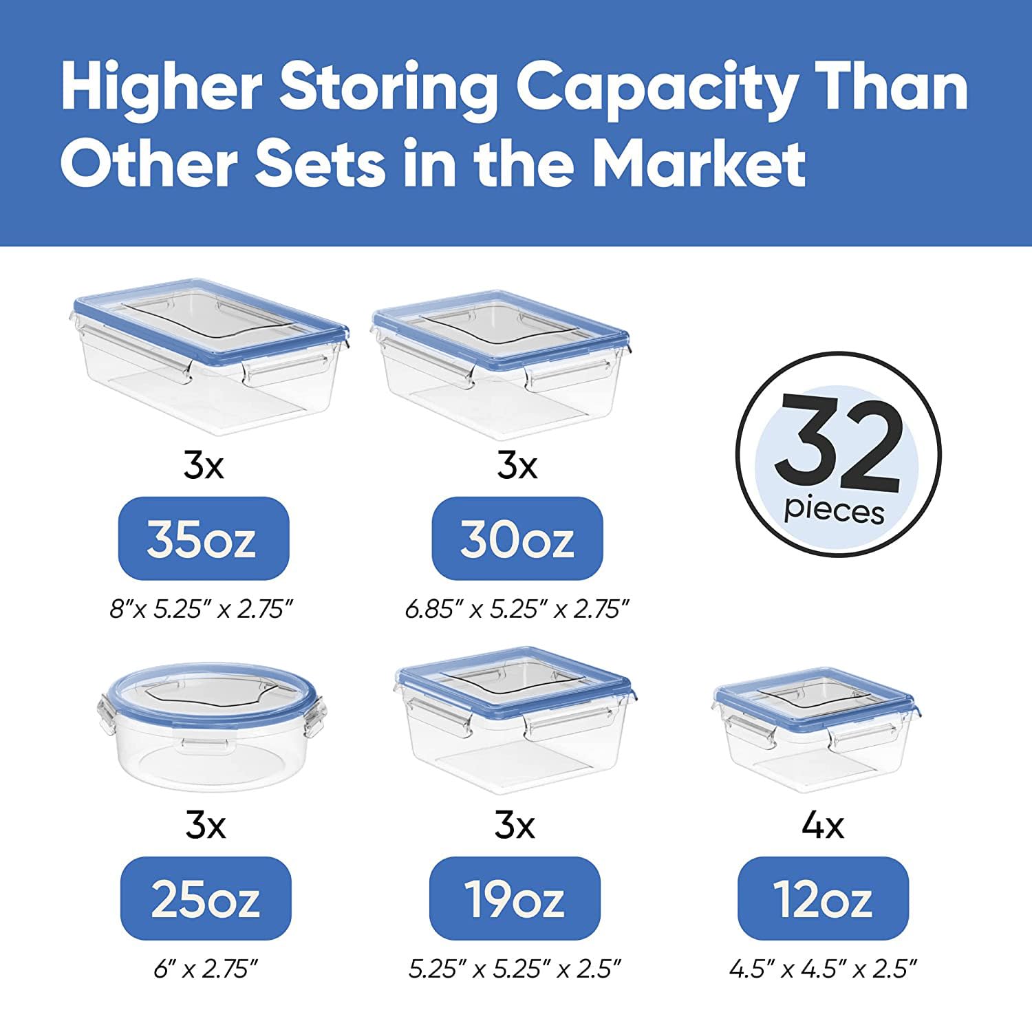 Chefs Path 32 Piece Airtight Food Storage Containers with Royal Blue Easy Snap Lids, 16 Containers and Lids, Stackable Kitchen