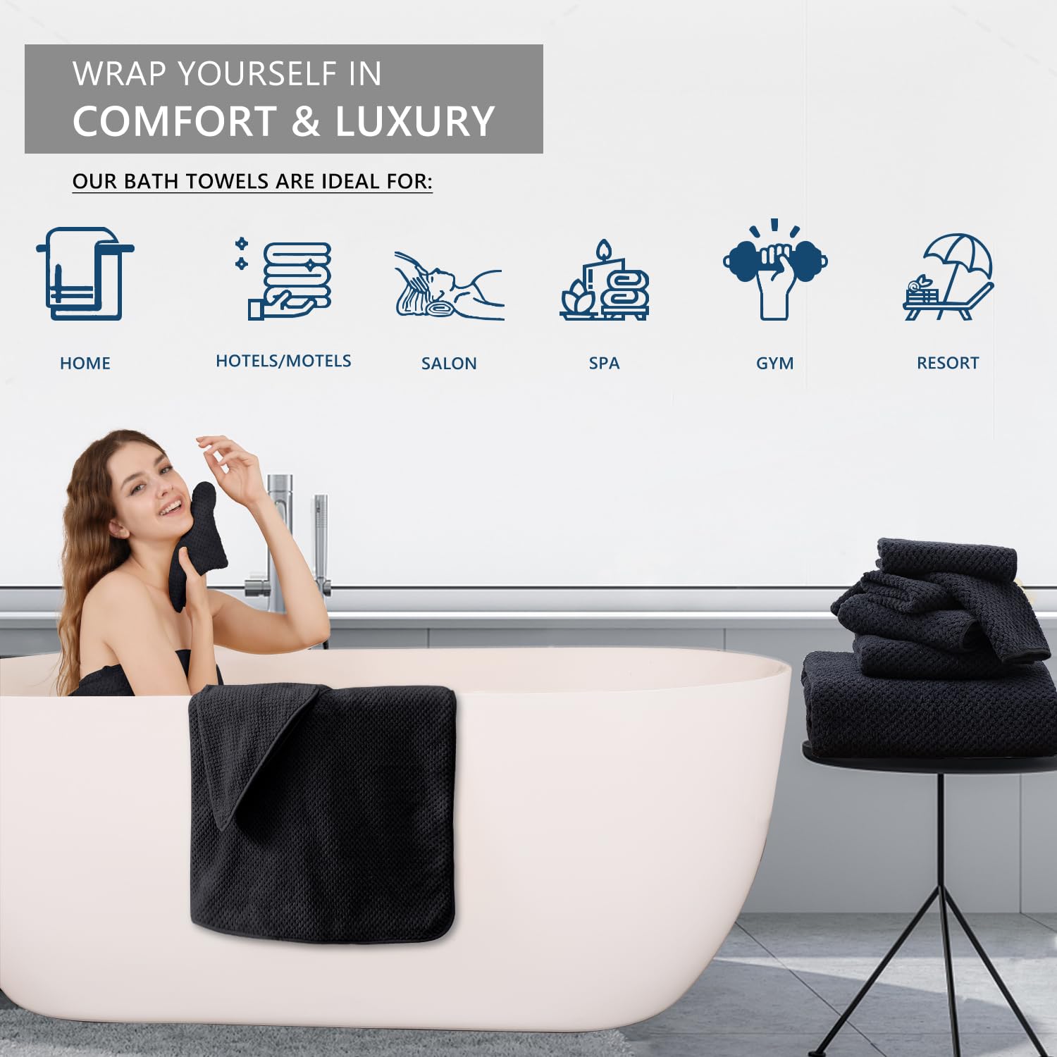 Bathroom Towel Set Black 4Pack-35x70 Towel 600GSM Ultra Soft Microfibers Bath Towel Set Extra Large Plush Bath Sheet Towel Highly Absorbent Quick Dry Oversized Towels Spa Hotel Luxury Shower Towels
