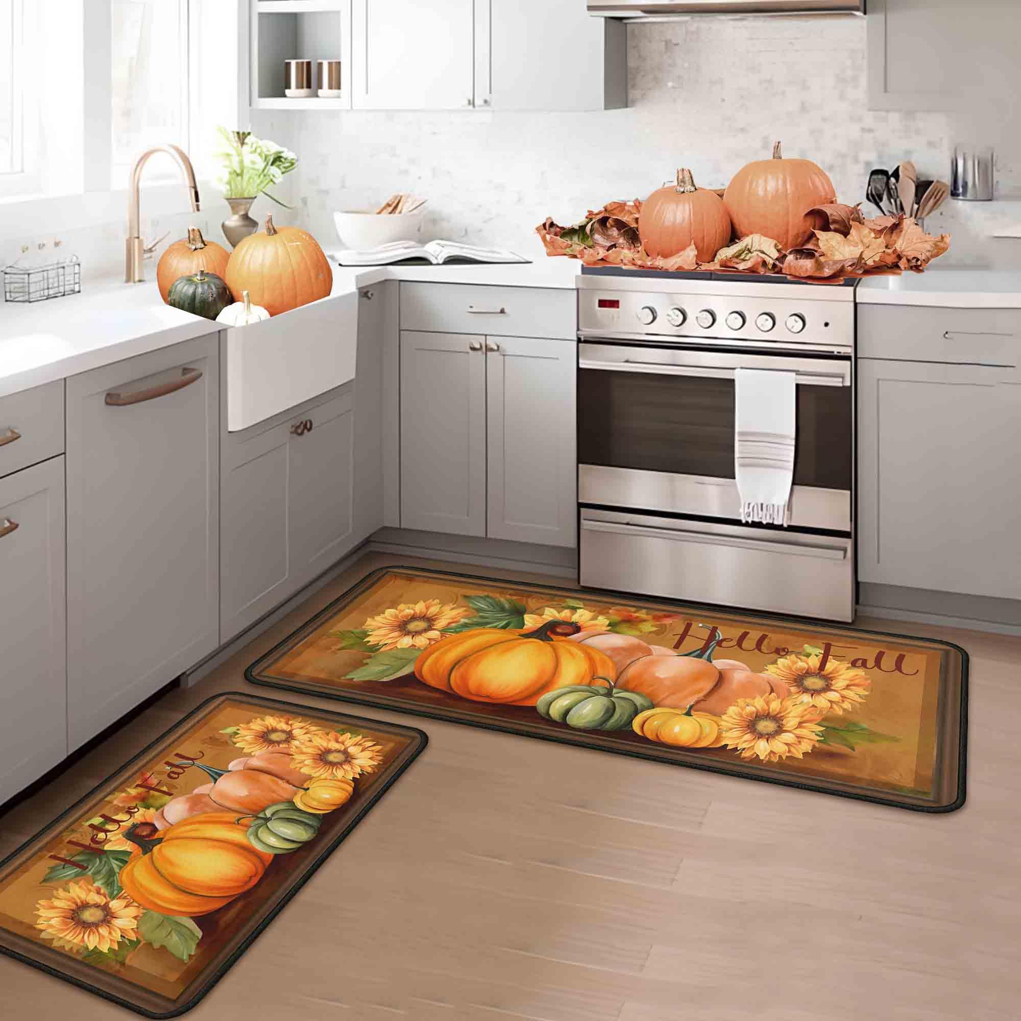Noulmea Hello Fall Pumpkin Decorative Kitchen Rugs Set of 2,Thanksgiving Autumn Pumpkin Front Door Mat Floor Rug for Fall Home H