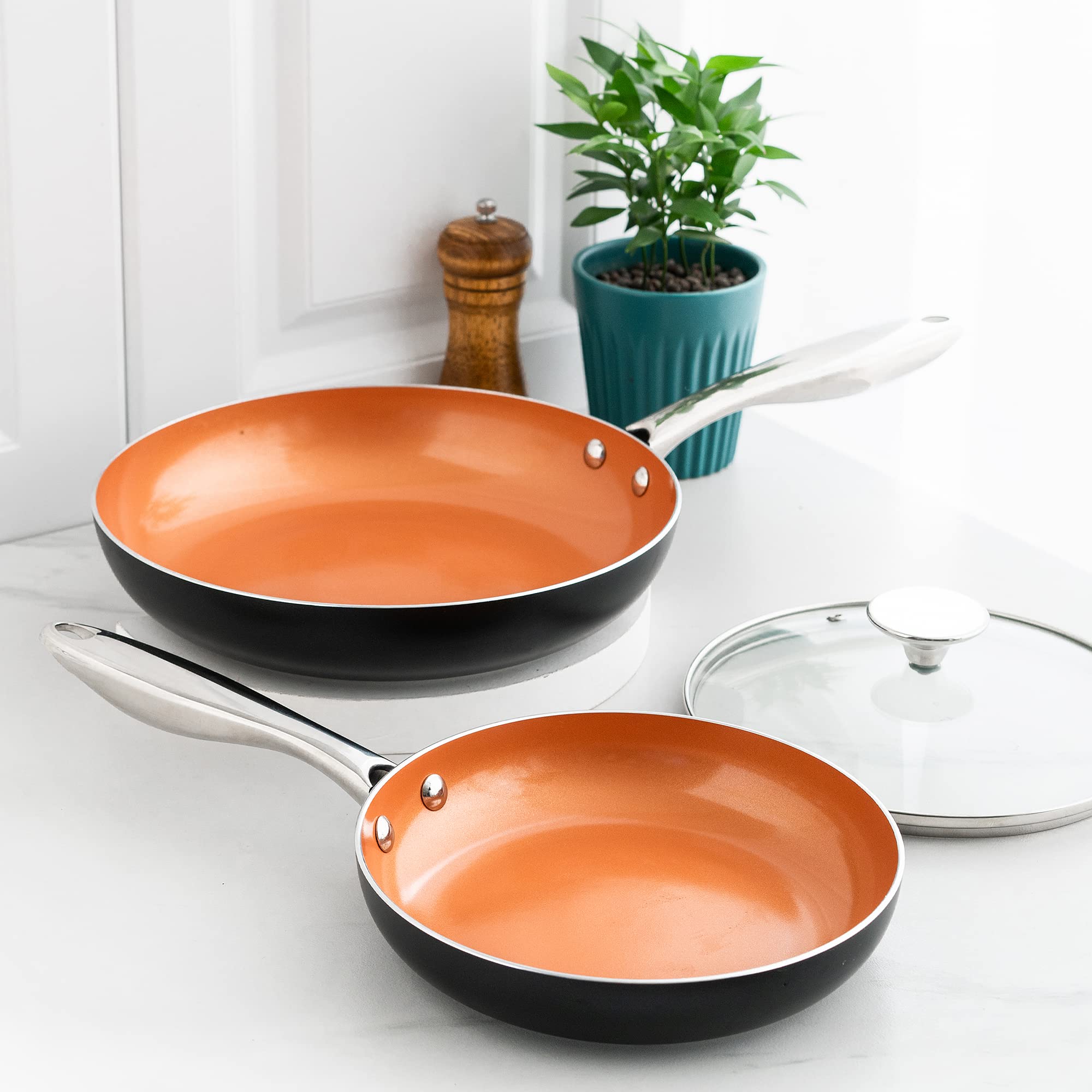 Michelangelo Copper Frying Pan Set With Lid, 8'' & 10'' Frying Pan Set, Nonstick Frying Pan Set, Copper Pans With Lid, Nonstick