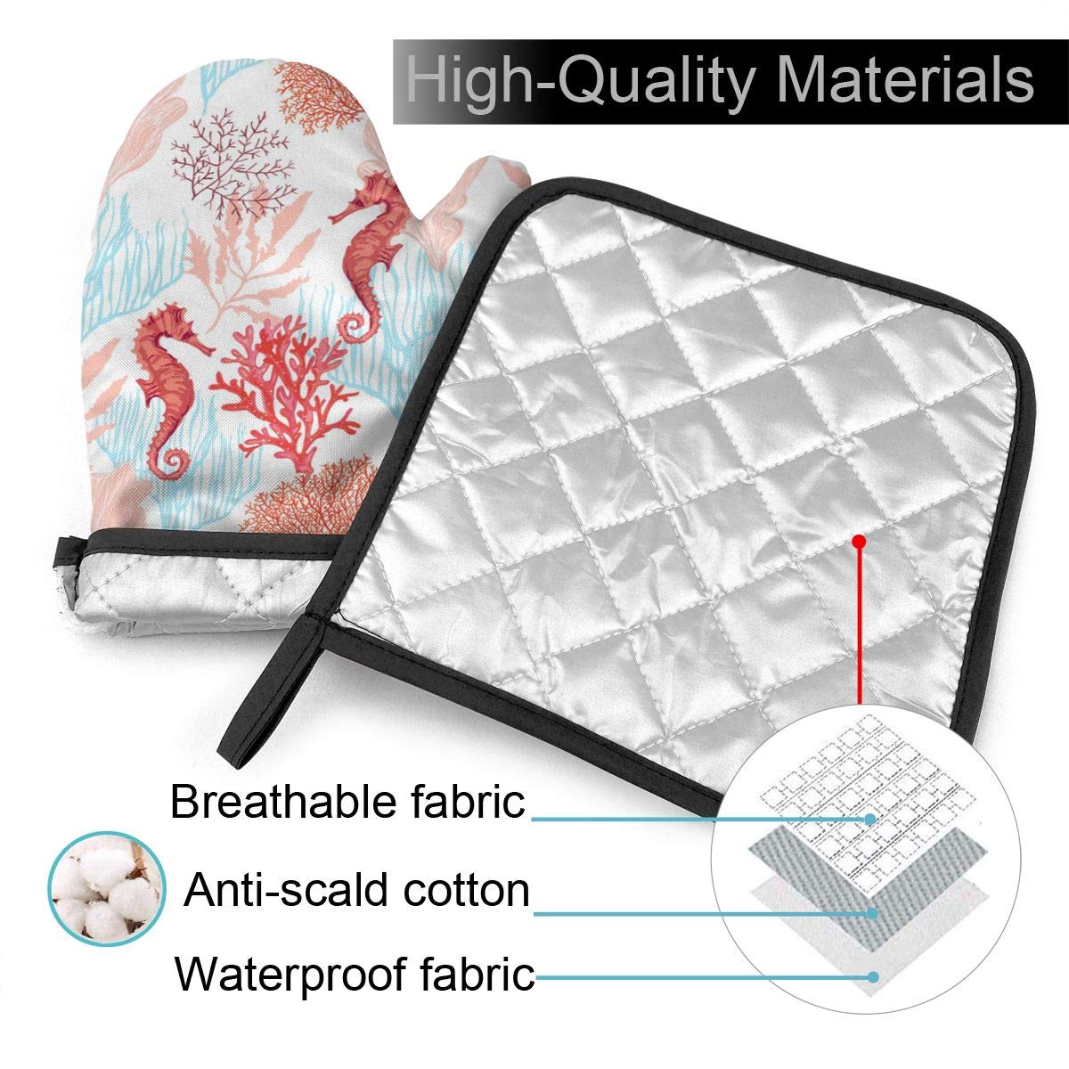 Vunko Sea Horse Oven Mitts And Pot Holders Sets Heat Resistant Coral Oven Gloves With Non-Slip Surface For Safe Bbq Cooking Baki