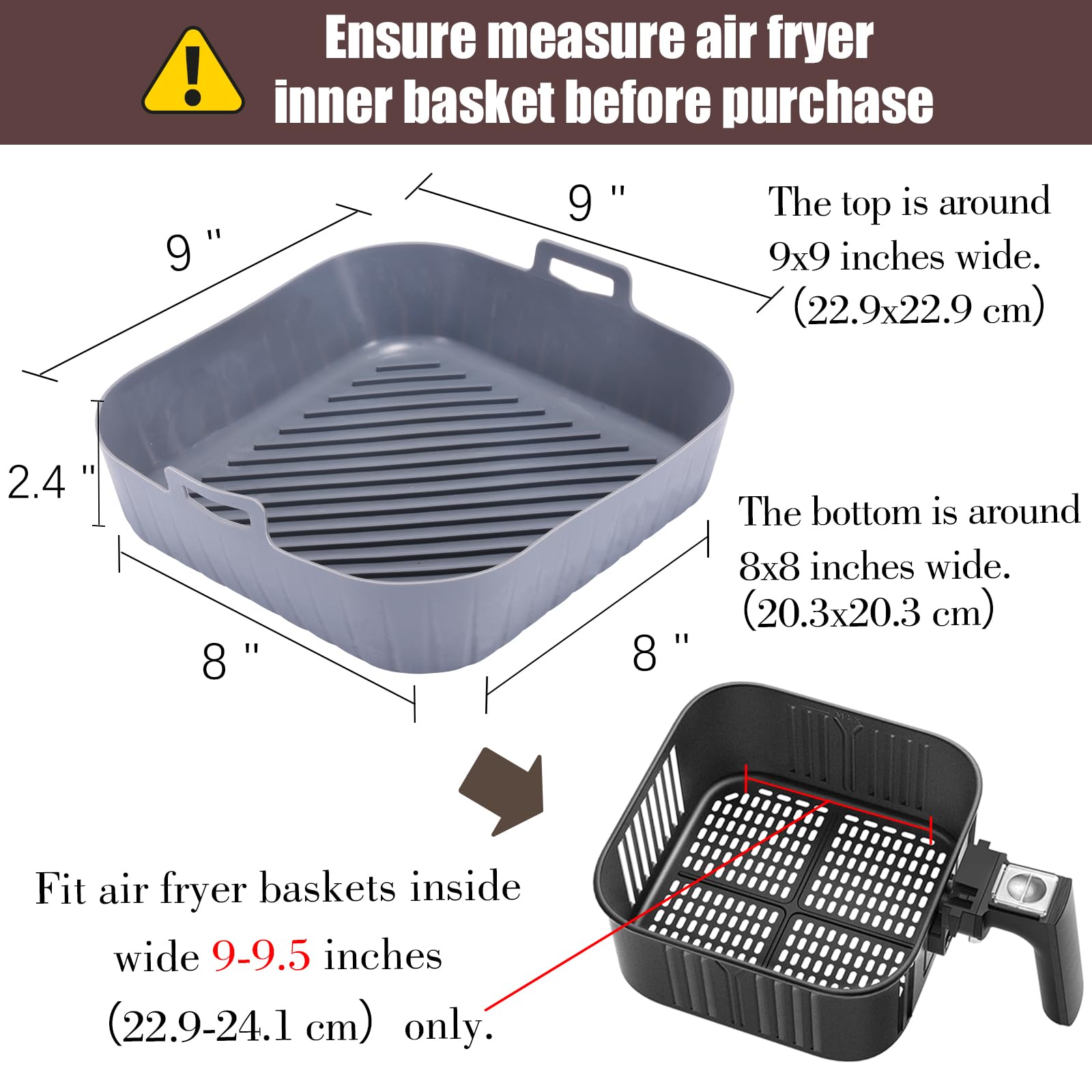 Golden Associate Silicone Liners Square 9 Inches for Large Air Fryer  2 Pcs Non-stick Food-grade Reusable Silicone Pot Baking Tray