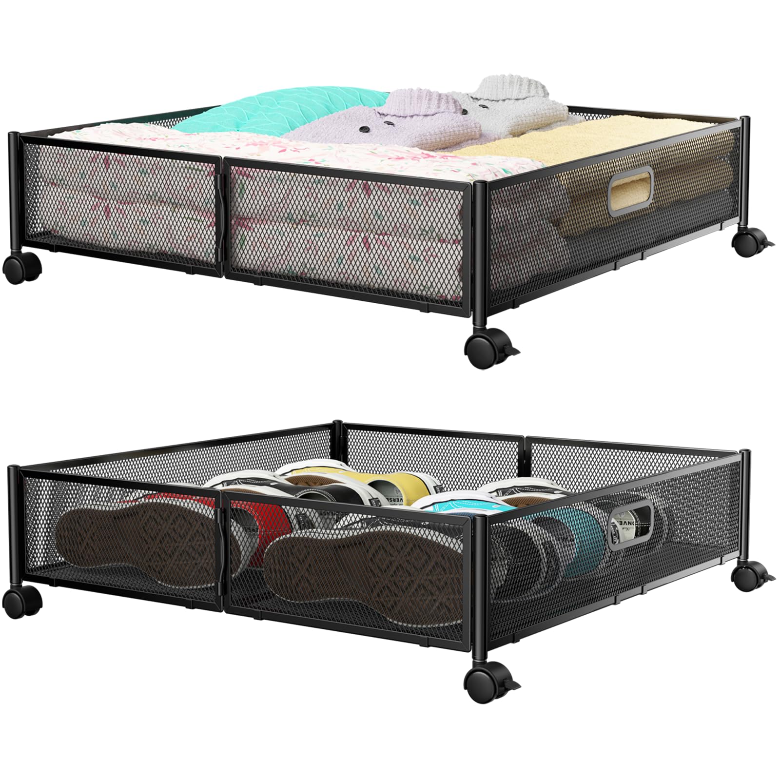 PHINOX Under Bed Storage Containers with Wheels - Shoe Storage Organizer Drawer, Tool-free Assembly Metal Underbed Storage for B